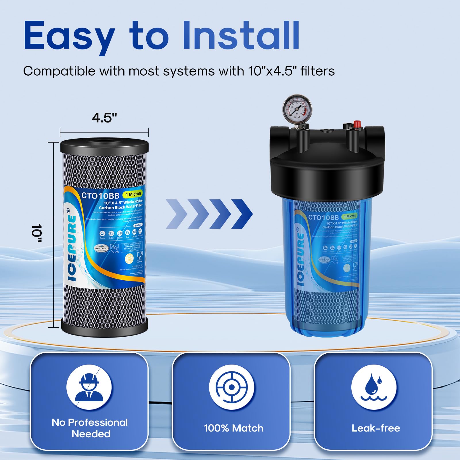 ICEPURE 10"X4.5",1 Microns Whole House Sediment Activated Carbon Water Filter Compatible with Dupont WFHDC8001,EP Series,EPM Series,CB-BB-10, GE FXHTC, GXWH40L, GXWH35F, GNWH38S, CTO10BB,1PACK