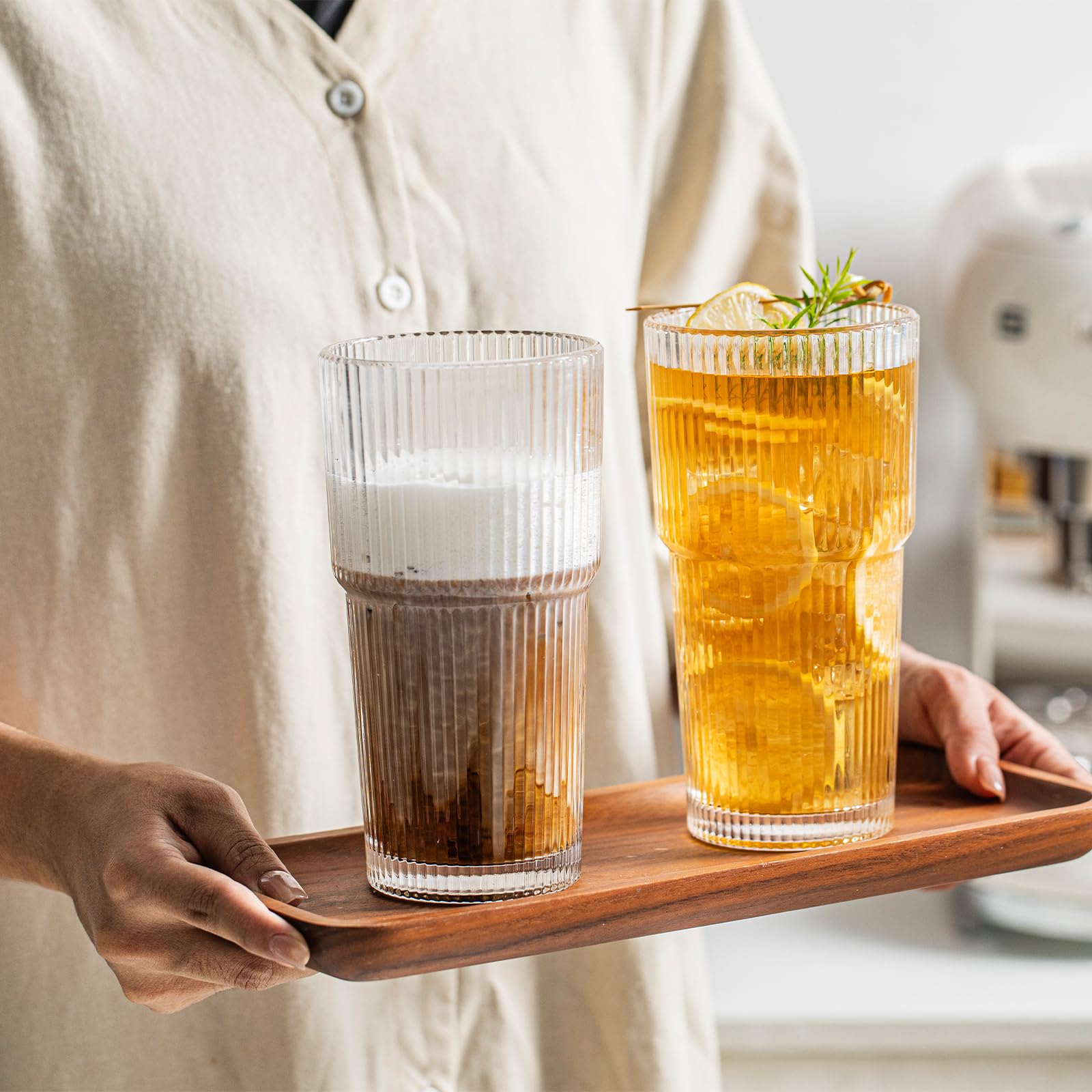 INSETLAN 20 oz Ribbed Glass Tumblers with Lids and Glass Straws – 4-Piece Glassware Set, Heavy-Duty Tumblers, Ideal for Iced Coffee, Smoothies, Cocktails, and Juices – Elegant and Durable Drinkware