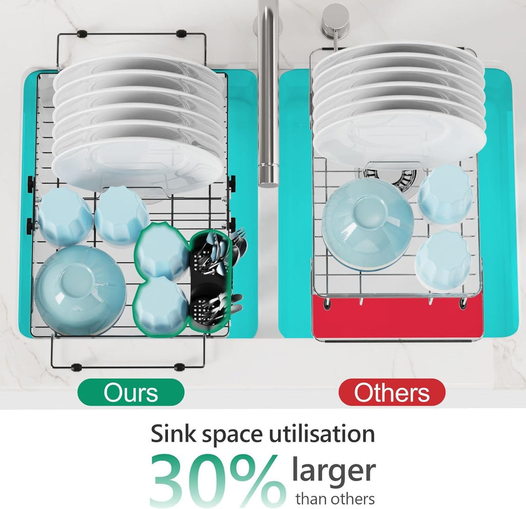 GSlife in Sink Dish Drying Rack - Stainless Steel Capacity Expandable Over The Sink Dish Drainer with Lock Knob and Utensil Holder for Kitchen Sink, 27.4-45.5 L x 32.5 W x 14.5 H cm, Silver