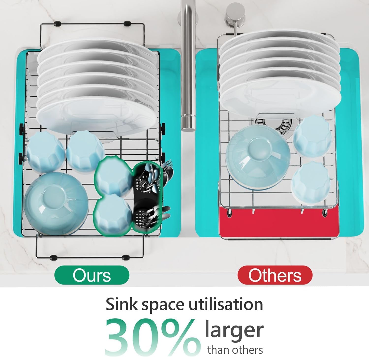 GSlife in Sink Dish Drying Rack - Stainless Steel Capacity Expandable Over The Sink Dish Drainer with Lock Knob and Utensil Holder for Kitchen Sink, 27.4-45.5 L x 32.5 W x 14.5 H cm, Silver