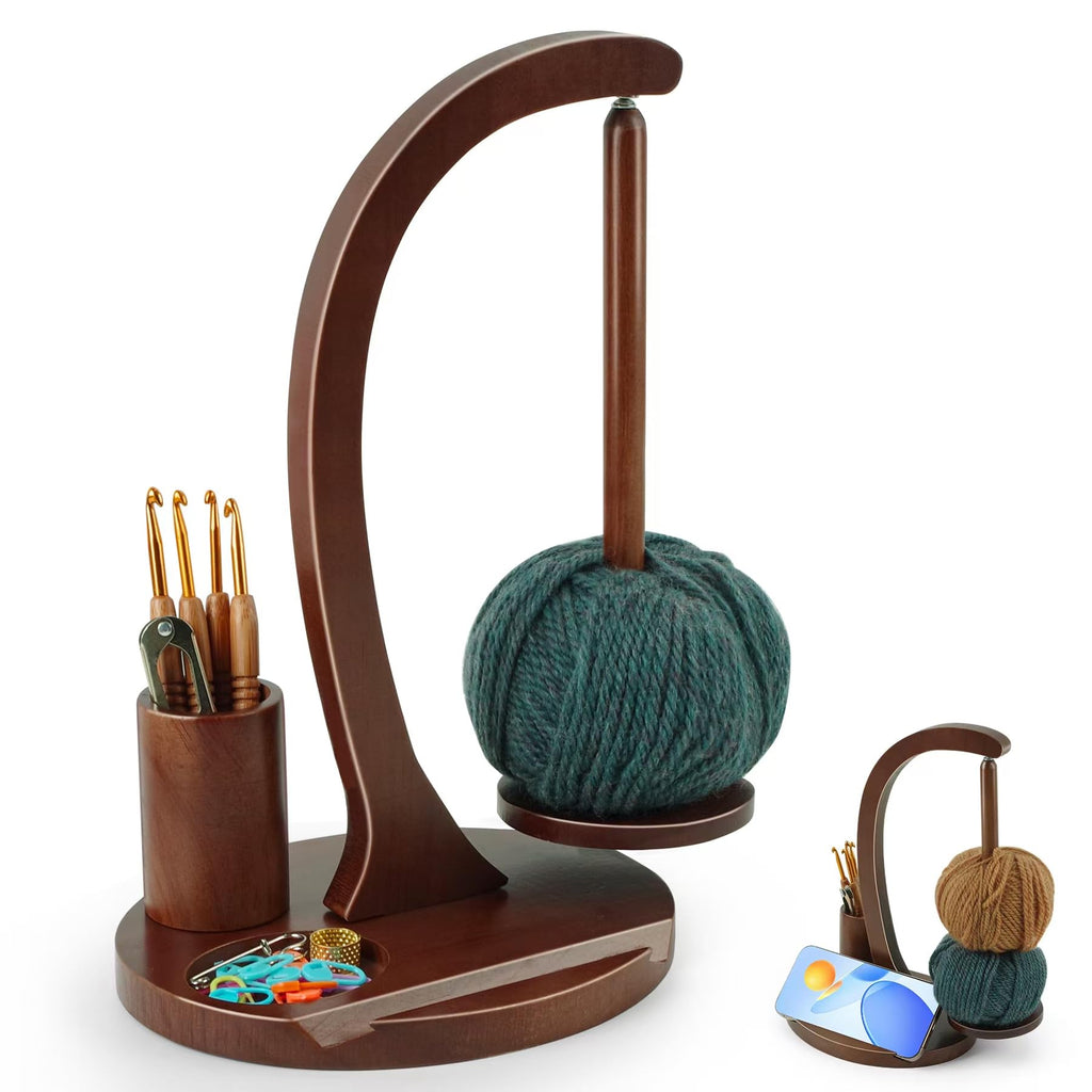 Crochet Yarn Holder, Yarn Spinner for Crocheting with Phone Stand & Crochet Accessories Storage, Crochet Gift for Knitting Lovers (Brown)