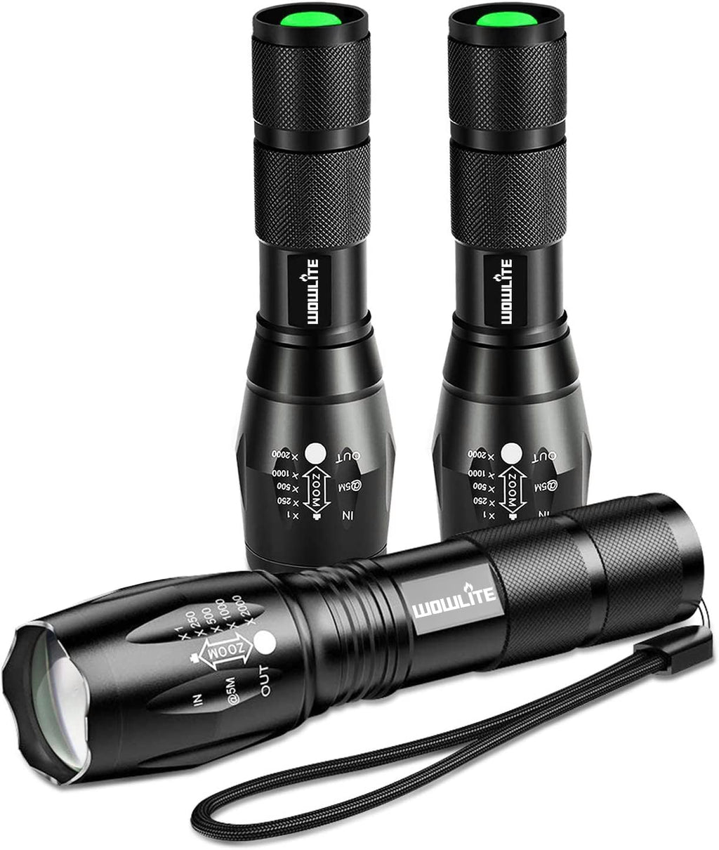 LED Flashlight, Wowlite Ultra Bright XML T6 LED Torch with 5 Light Modes & Adjustable Focus for Emergency Camping Hiking (3 Pack)