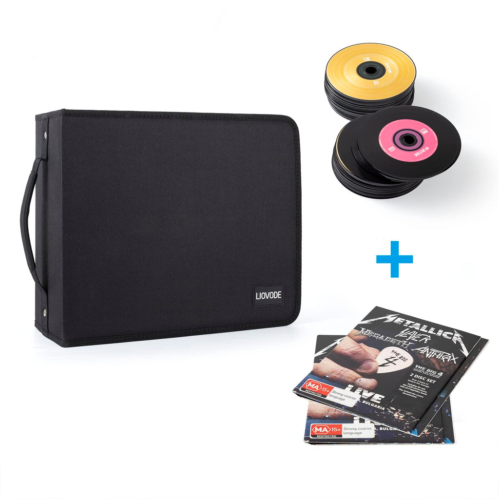 LIOVODE DVD Case 200 DVDs and 100 Booklets, CD Storage Case Holder with Booklet Inserts Binder Blu ray Media Organizer Black CD Wallet for Car (200 Capacity)
