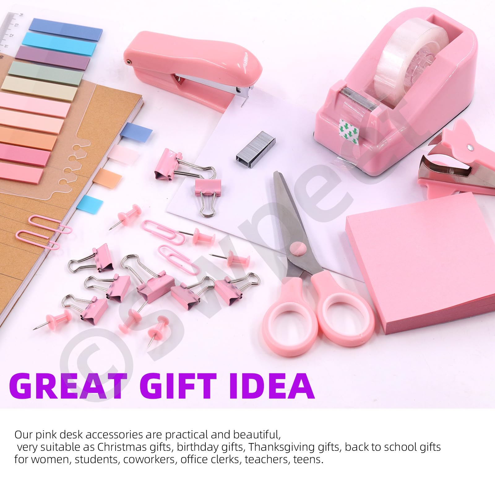 Swpeet 9Pcs Pink Office Supplies Kit, Desk Accessories Including Stapler, Tape Dispenser, Staple Remover, Tabs, Scissors, Staples, Tape, Clips and Sticky Note Ideal for Office and School