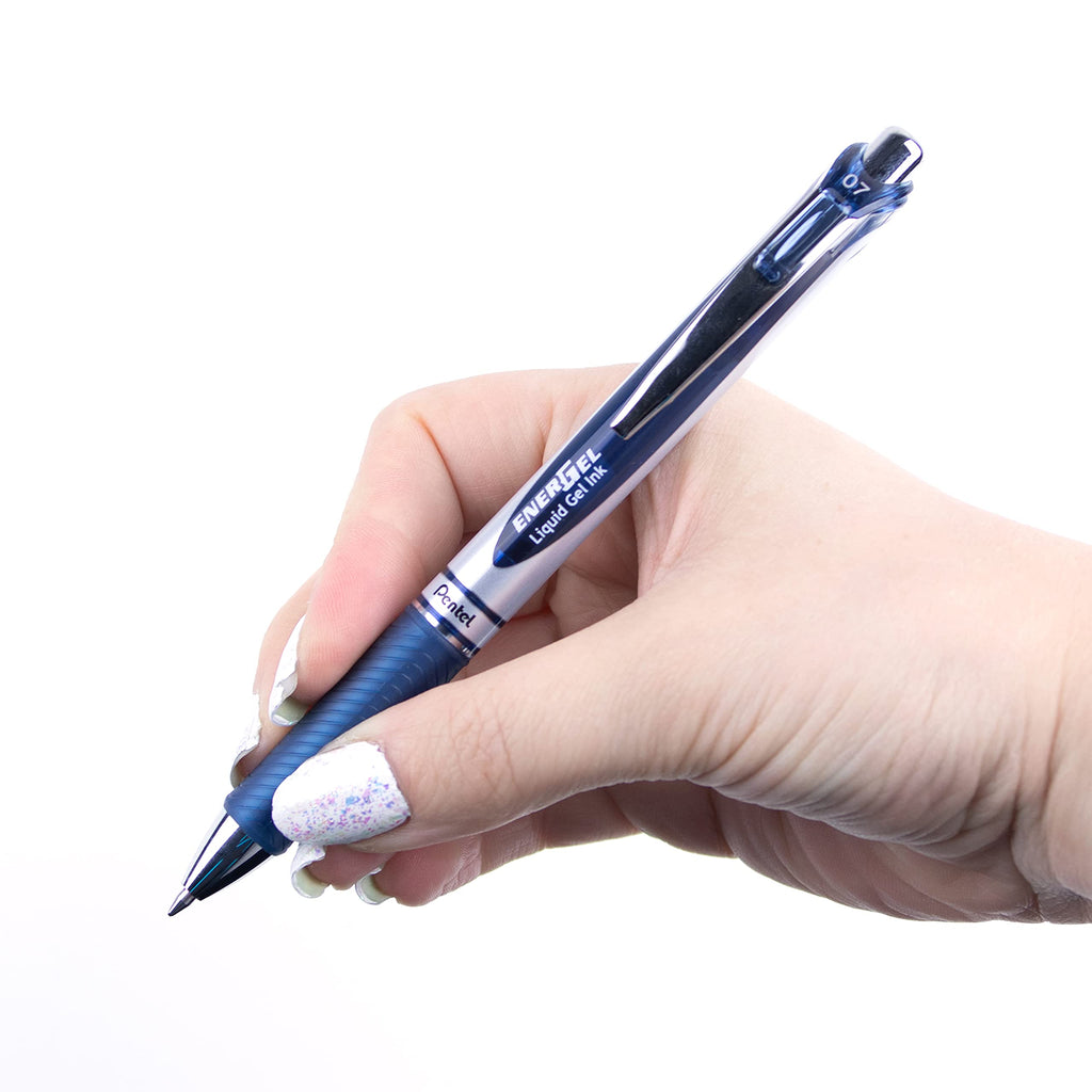 Pentel EnerGel Retractable Liquid Gel Rollerball, 0.7mm Medium Point, Navy Blue Ink, 3 Pens + 4 Refills