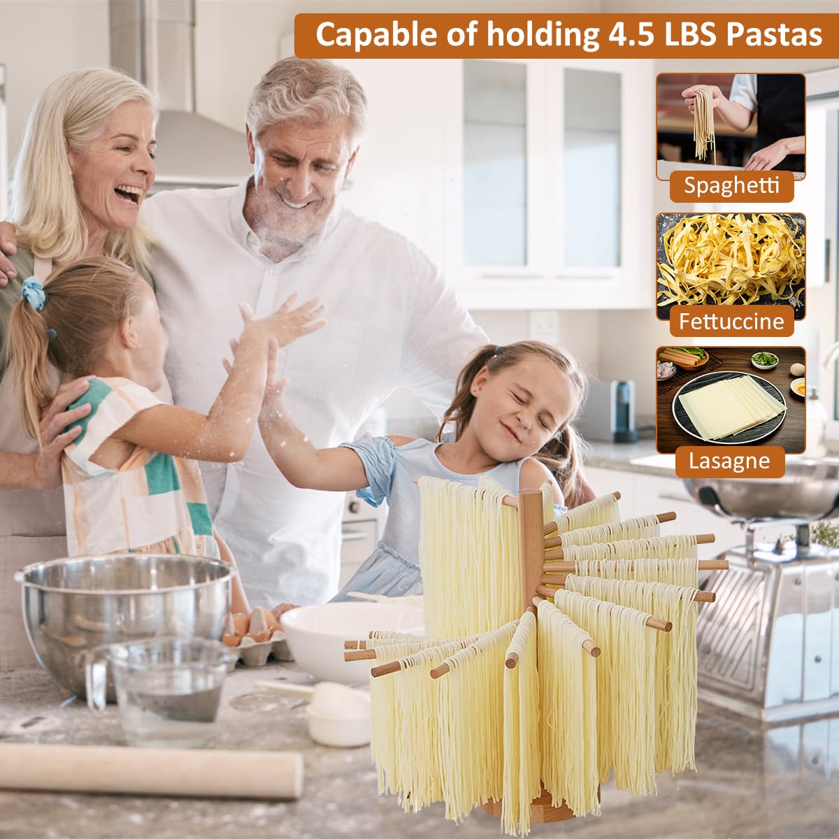 Pasta Drying Rack Collapsible Wood Spaghetti Dryer Rack with 16 Suspension Rods Homemade Fresh Noodle Hanger Wooden Pasta Drying Stand for Kitchen Counter Easy Storage & Quick Set-Up