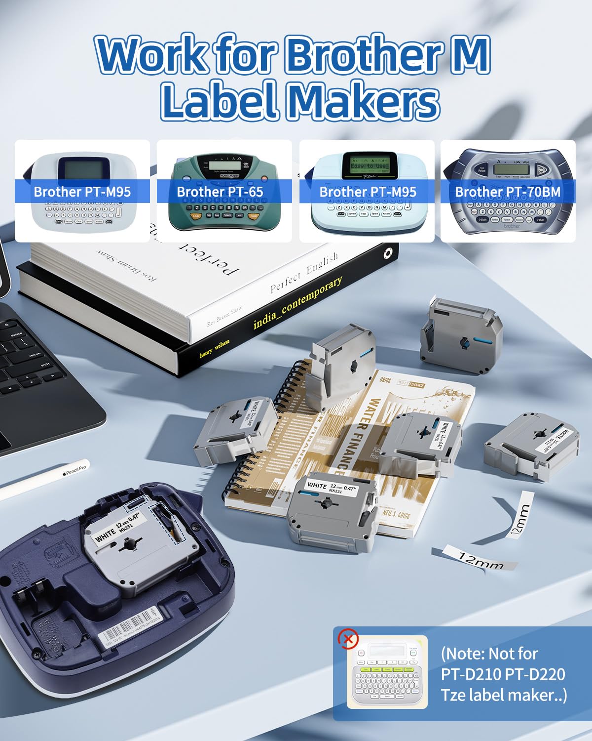 PT-M95 Label Tape M-K231 MK231 M231 Ptouch Tape Compatible Brother Label Maker Tape 12mm for PTM95 PT-90 PT-70BM PT-65 Label Maker P-Touch 12 mm (0.47") Black on White, 4 Pack