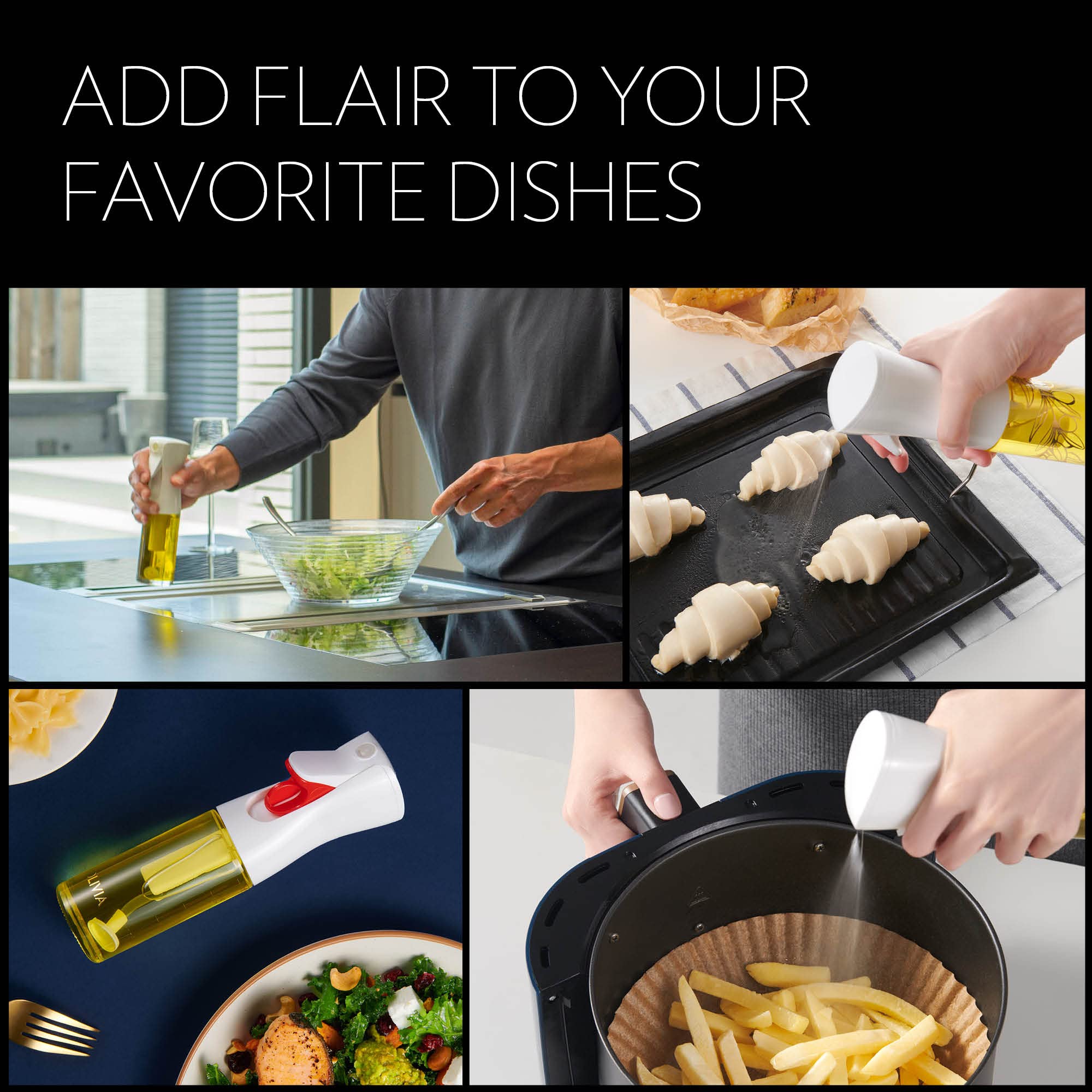 FLAIROSOL OLIVIA. The Original, Oil Sprayer for Cooking, 130ml Olive Oil Mister Spray Bottle, Continuous Spray Bottle for Kitchen, Cooking, Baking, Salad, BBQ (Glass Bottle, White Print)