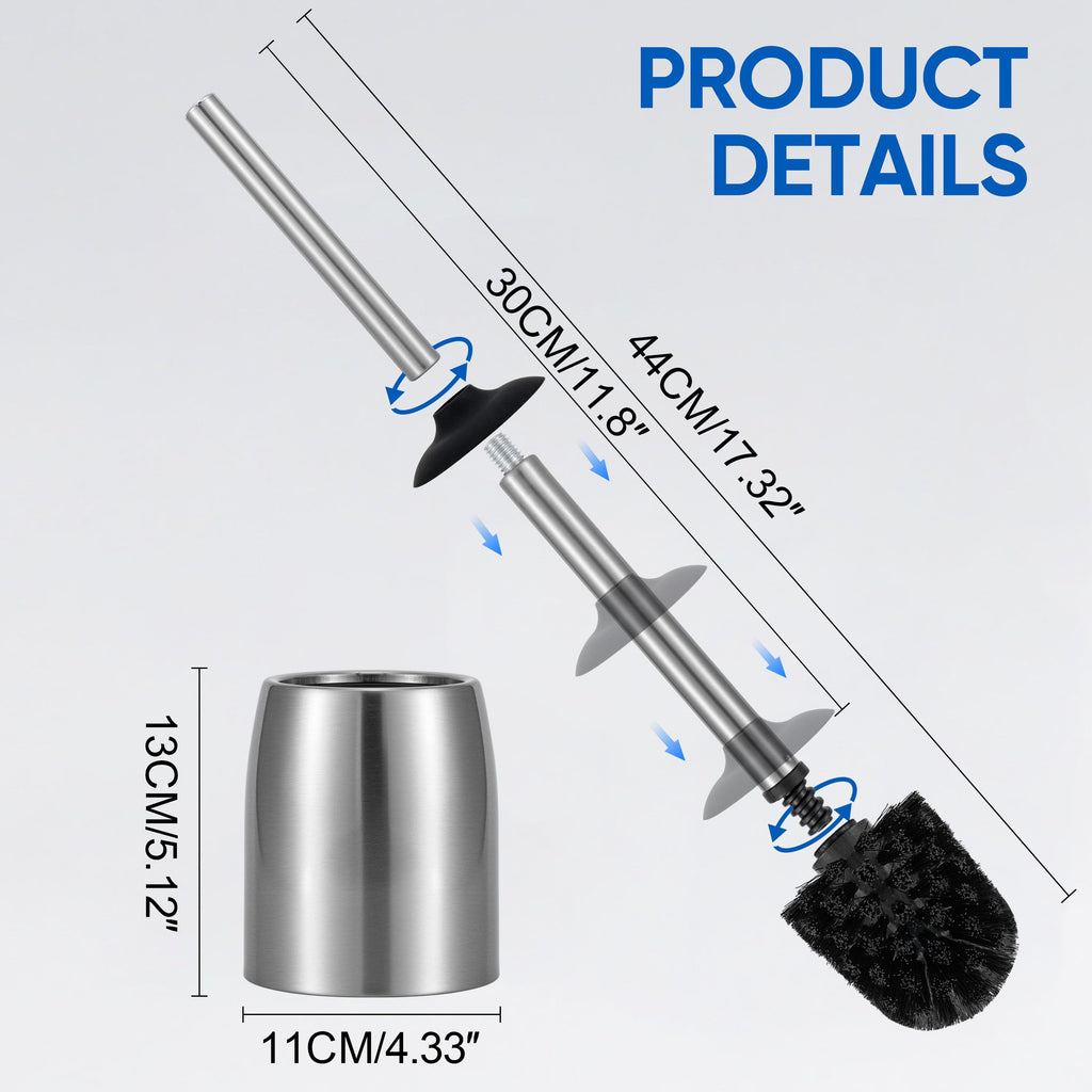 Veinvify Toilet Brush Set with Holder Brosse Toilette 30CM Long Handle Stainless Steel Bathroom Cleaning Brushes and Case Anti-Rust High Denstity Moderate Hardness Bristles Brushed