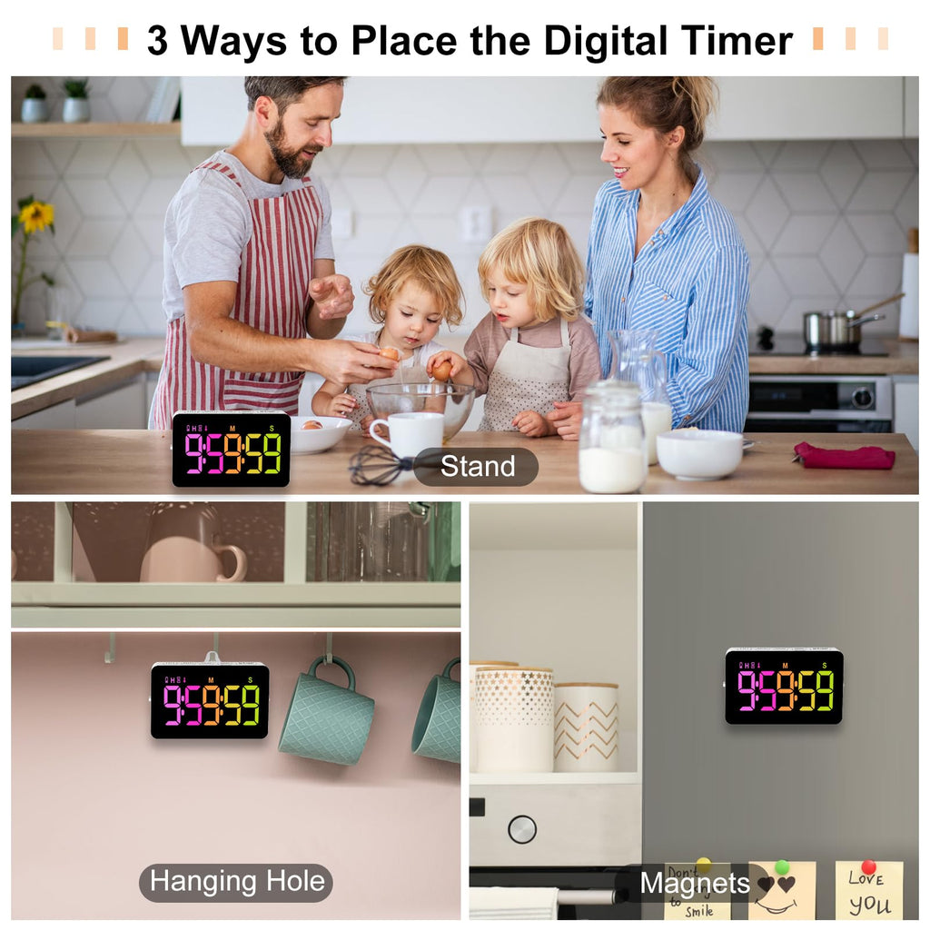 Kitchen Timer for Cooking, 10 RGB Color Changing Digital Magnetic Timer, Countdown/Up, Rechargeabilit, 3 Brightness Display, 3 Volume Levels and Vibration Mode, for Classroom, Home, Study, Fitness