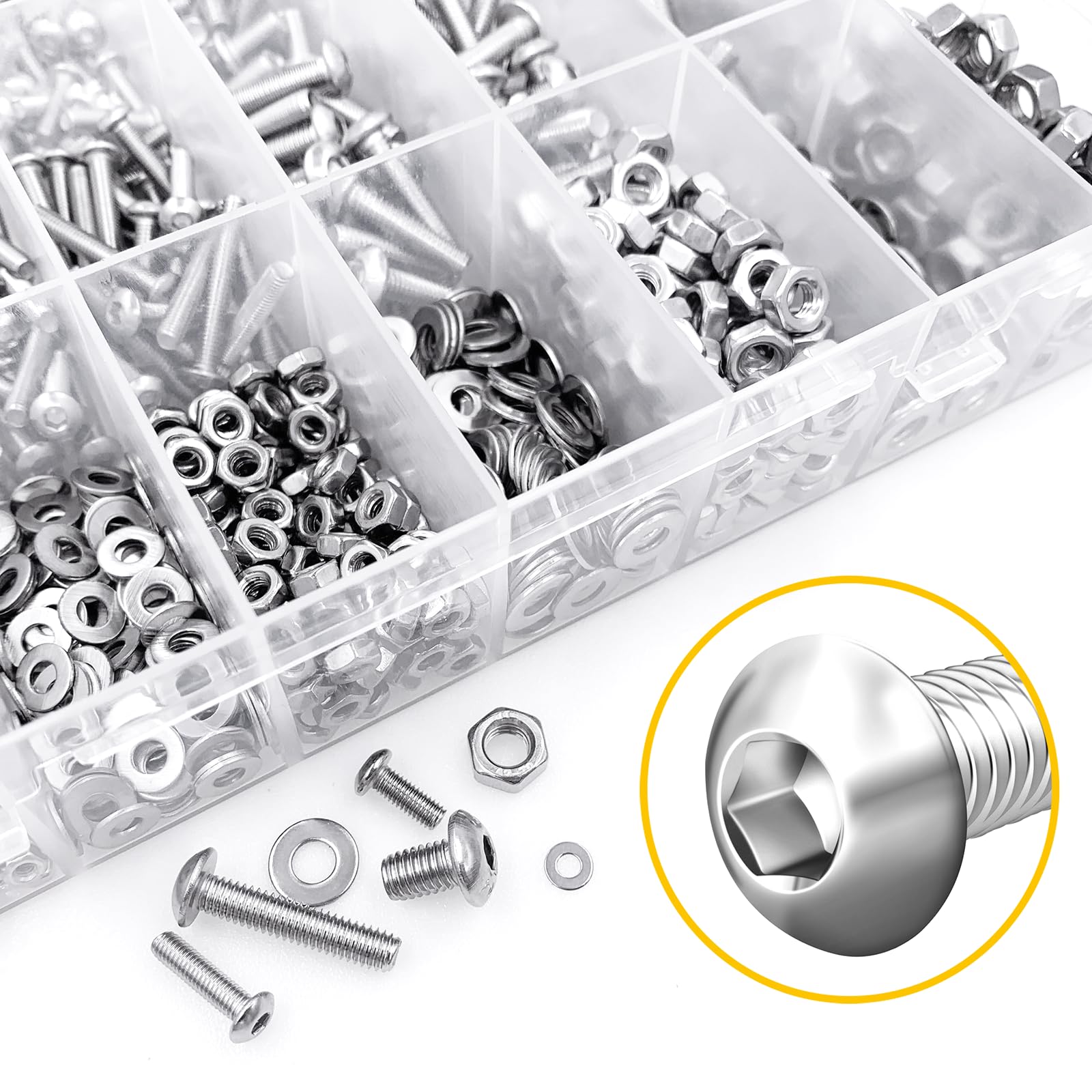 Mywish 1290 Pieces M2 M3 M4 M5 Screw Nuts and Bolts Assortment Kit, Metric Screws 304 Stainless Steel Button Head Socket Cap Metric Screw Assortment with Flat Washers/Nuts/Hex Wrenches 16 Sizes