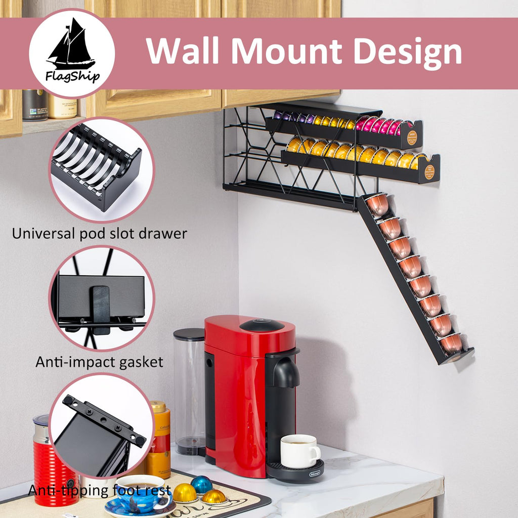 FlagShip 3-Tier Nespresso Pod Holder & Vertuo Coffee Capsule Organizer - Black Metal Space-Saving Storage Holds 30+ Pods Fits Vertuo Pod