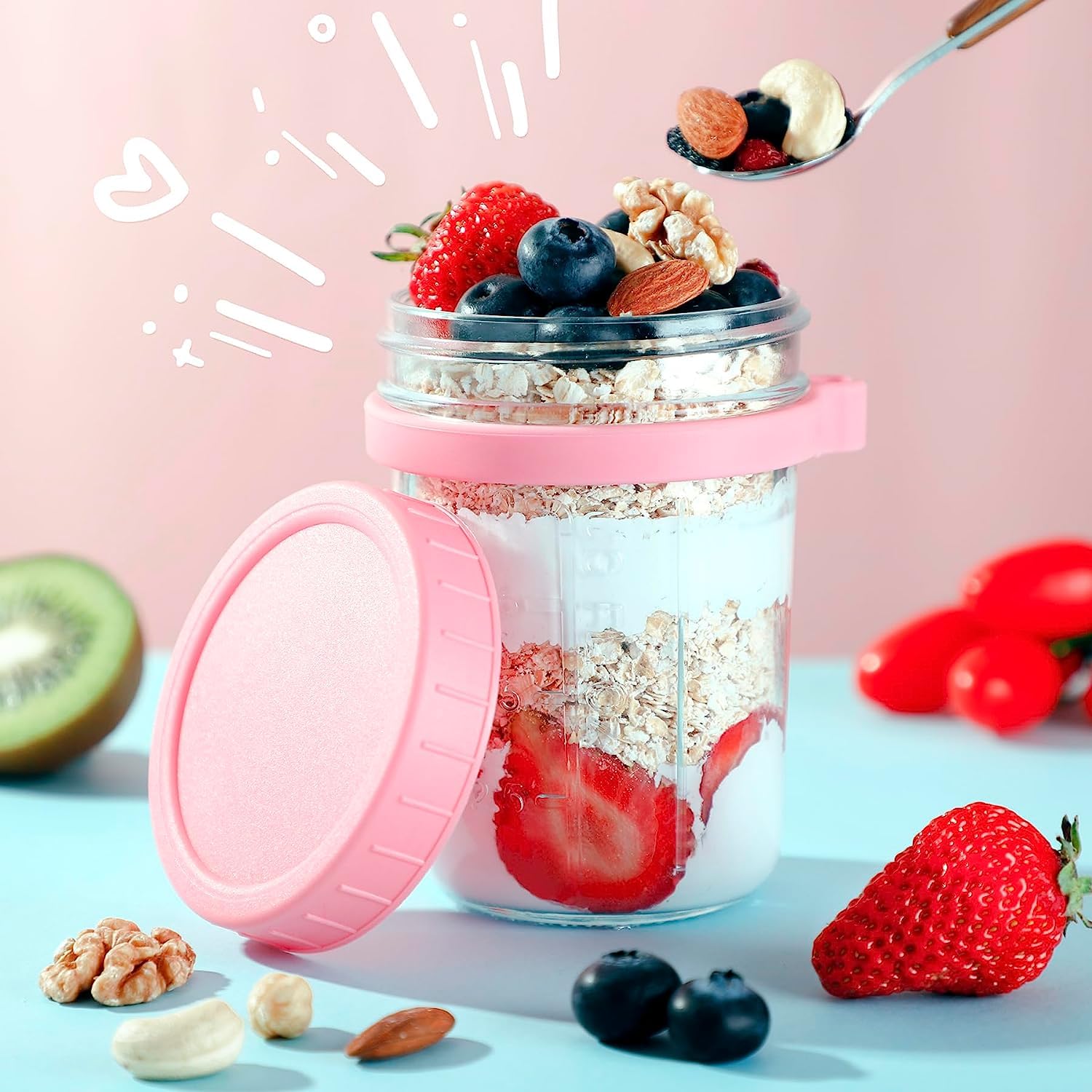 ALINK 4 Pack Overnight Oats Containers with Lids and Spoons, 16 oz Large Capacity Glass Mason Jars with Airtight Lid for Overnight Oats Meal Yogurt Chia Pudding Fruit Cereal Oatmeal Reusable Jars