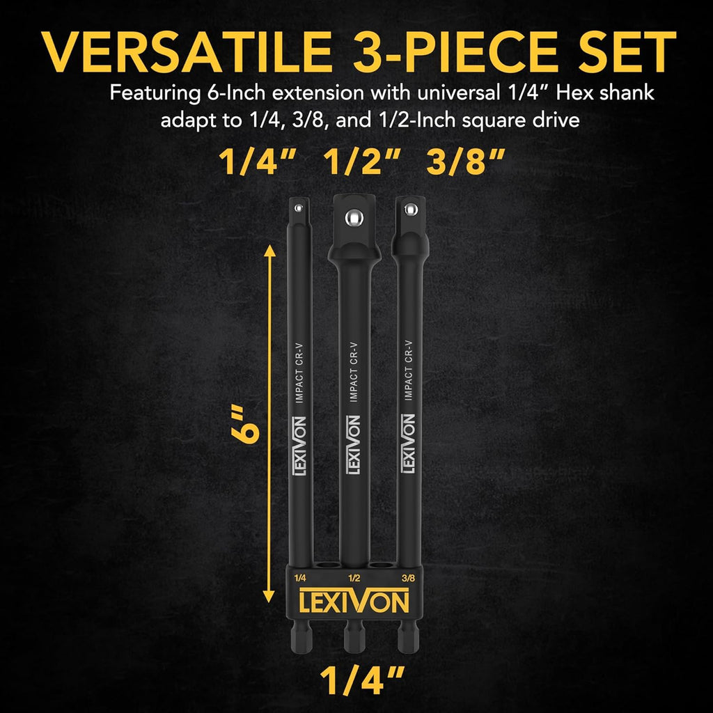 LEXIVON 6-Piece Impact Grade Socket Adapter Set - 3" & 6" Extension Bit with Holder | 1/4", 3/8", and 1/2" Drive, Adapt Your Power Drill to High Torque Impact Wrench (LX-105)