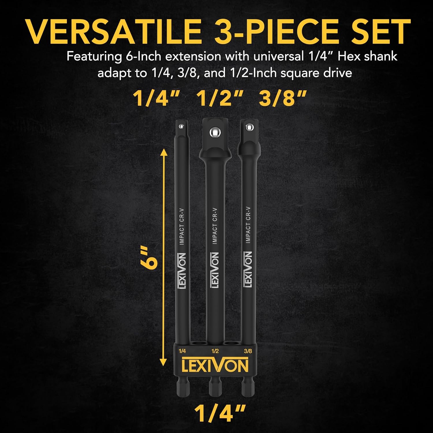 LEXIVON 6-Piece Impact Grade Socket Adapter Set - 3" & 6" Extension Bit with Holder | 1/4", 3/8", and 1/2" Drive, Adapt Your Power Drill to High Torque Impact Wrench (LX-105)