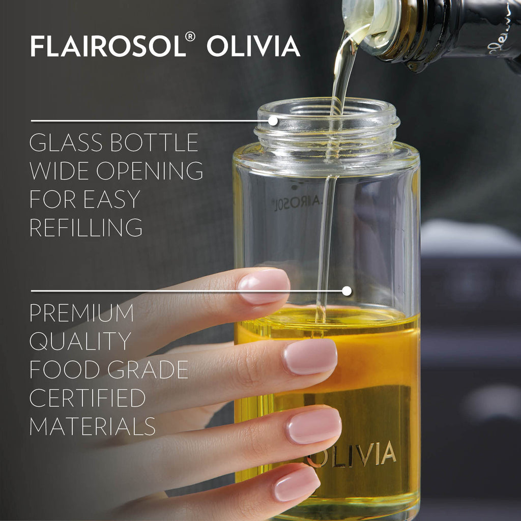 FLAIROSOL OLIVIA. The Original, Oil Sprayer for Cooking, 130ml Olive Oil Mister Spray Bottle, Continuous Spray Bottle for Kitchen, Cooking, Baking, Salad, BBQ (Glass Bottle, White Print)