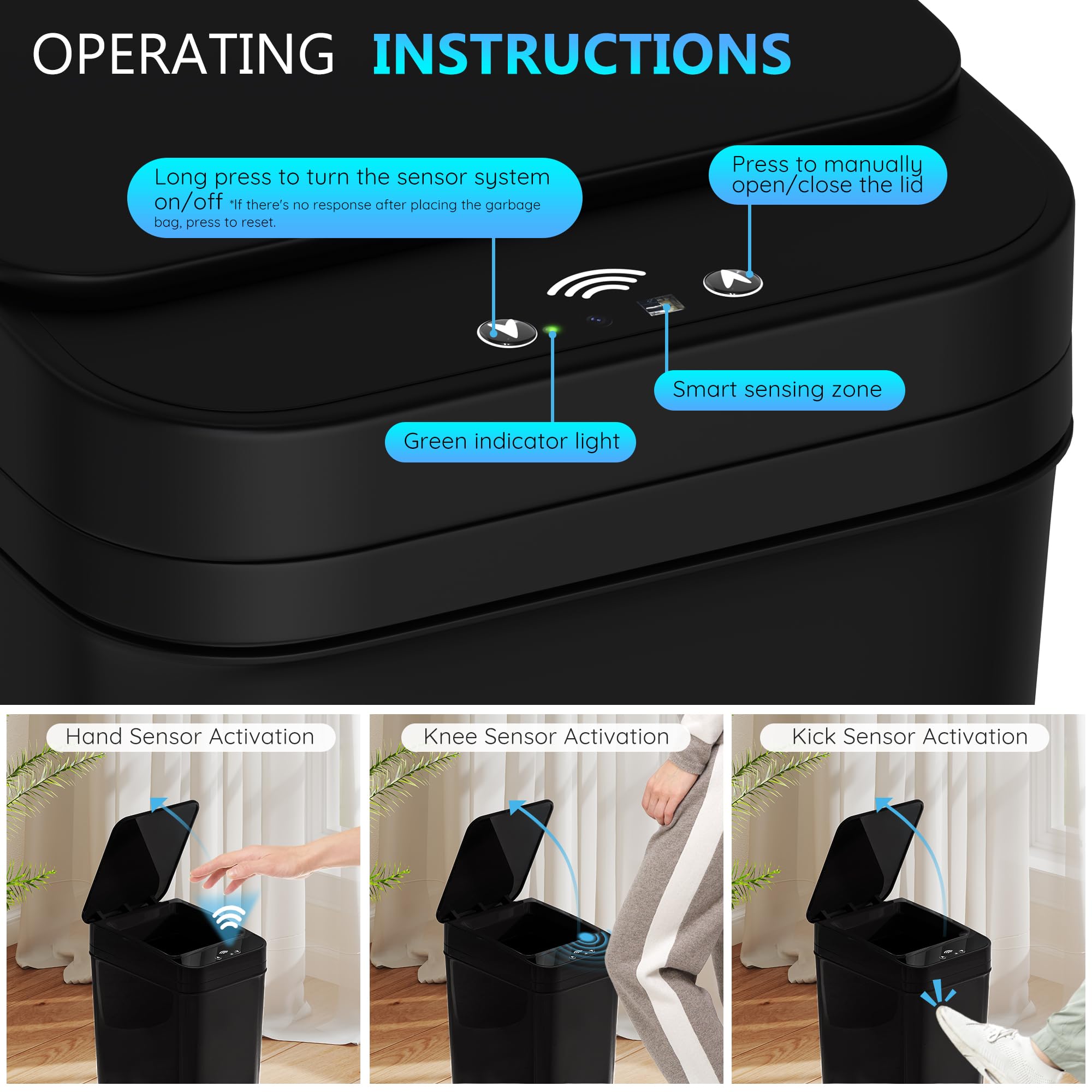 Bathroom Trash Can with Lid Touchless Automatic Garbage Can, 2.6 Gallon Slim Waterproof Motion Sensor Smart Trash Can, Small Plastic Trash Bin for Bedroom, Living Room