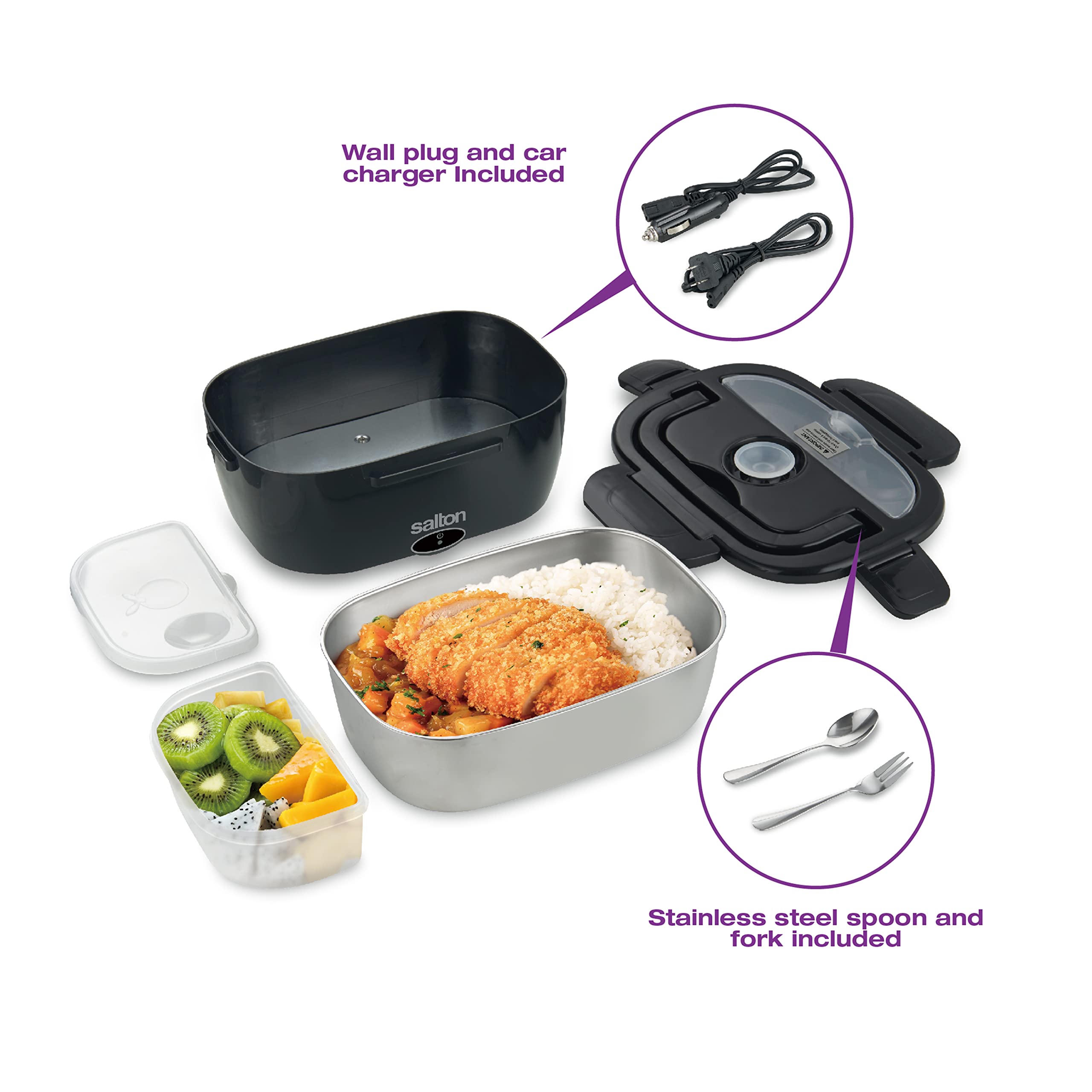 Salton Electric Lunchbox Food Warmer - Portable, Heated Lunch Box for Car & Home with Fork & Spoon, 1.5L