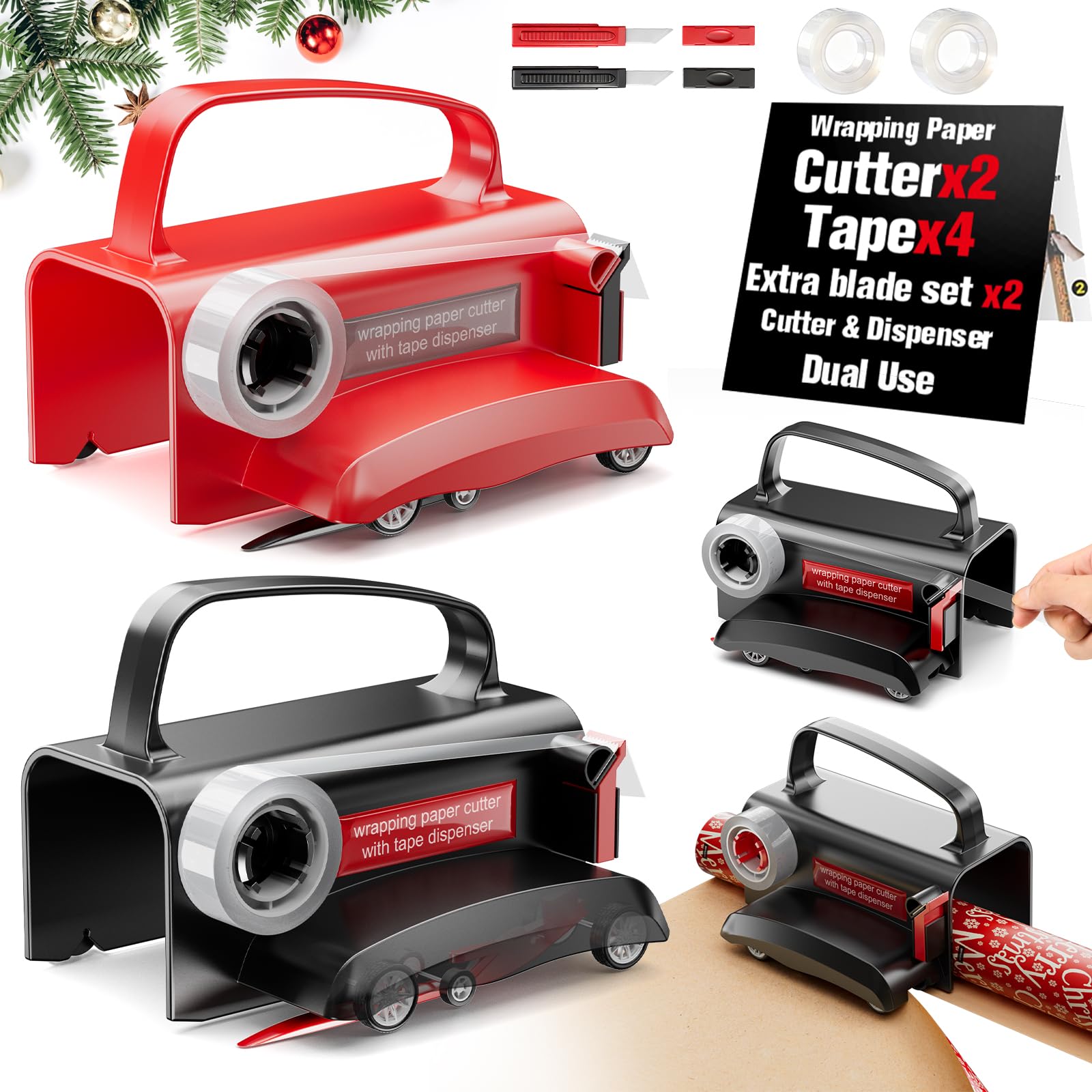 Upgrade 2 Pack Wrapping Paper Cutter with Tape Dispenser, Gift Wrap Cutter Tool with Wheels, 2 Replace Blades & 4 Tapes Kit for Christmas Paper Rolls Wrapping, Safe & Efficient for Precise Cutting