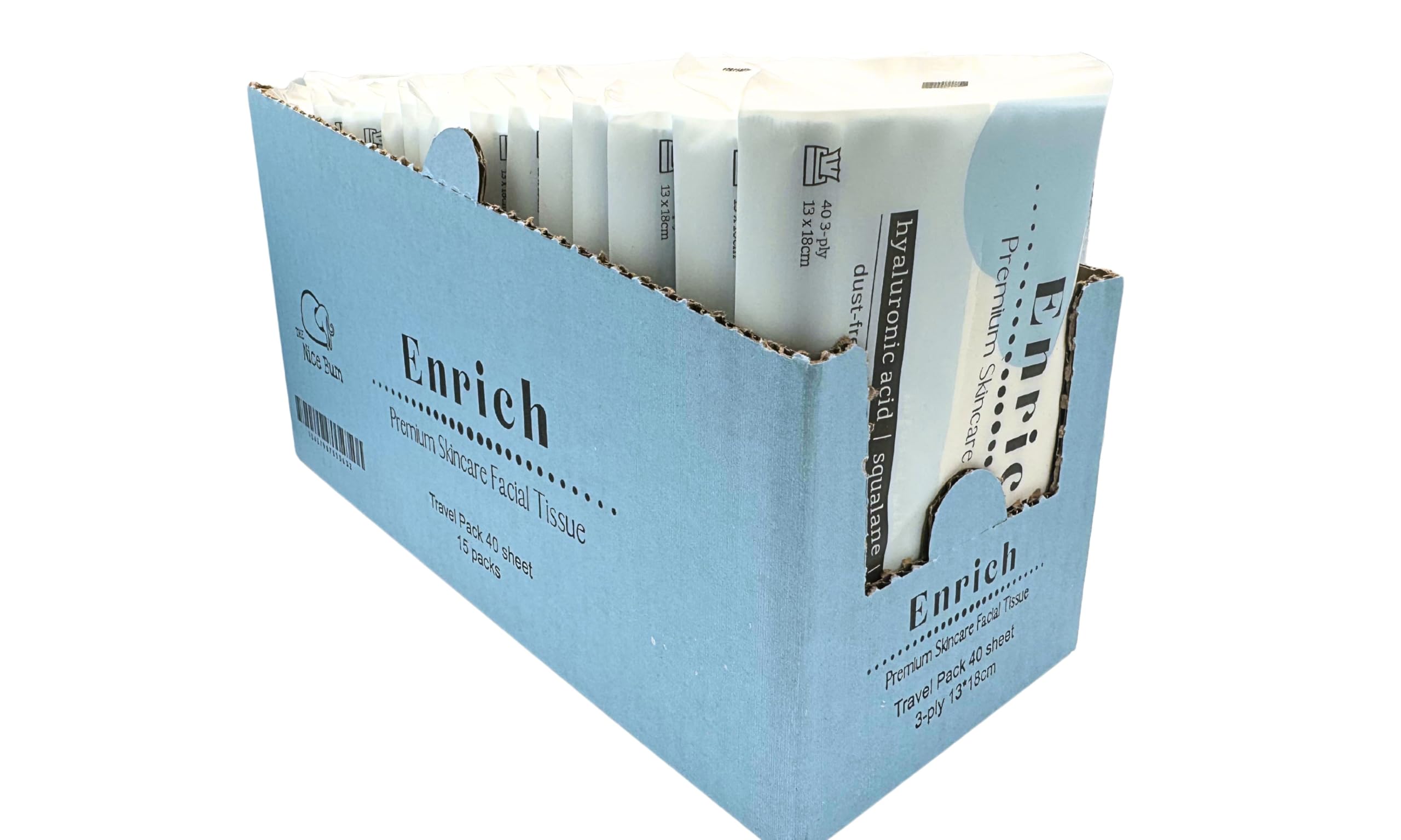 The Nice Bum Enrich Tissues Travel Pack | Premium Skincare Facial Tissue | Non-GMO & Vegan | Dust, Fragrance, and Chlorine-Free | Ultra-Strong 3-Ply | 40 Tissues Per Pack | Pack of 15