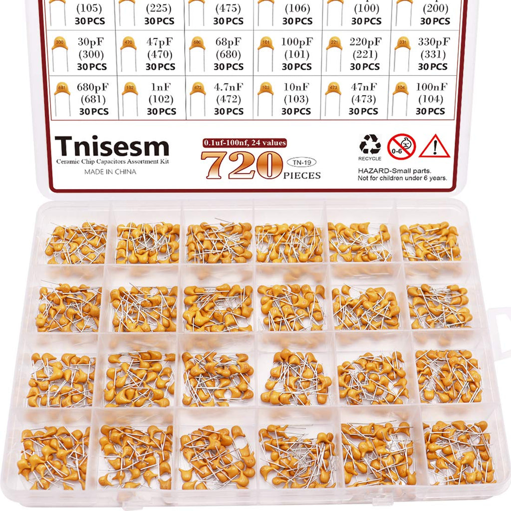 Tnisesm 720 Pcs 24Value Ceramic Capacitor Assortment Kit 0.1uF-100nF DIP Monolithic Multilayer Chip Capacitors in a Box Tn-19