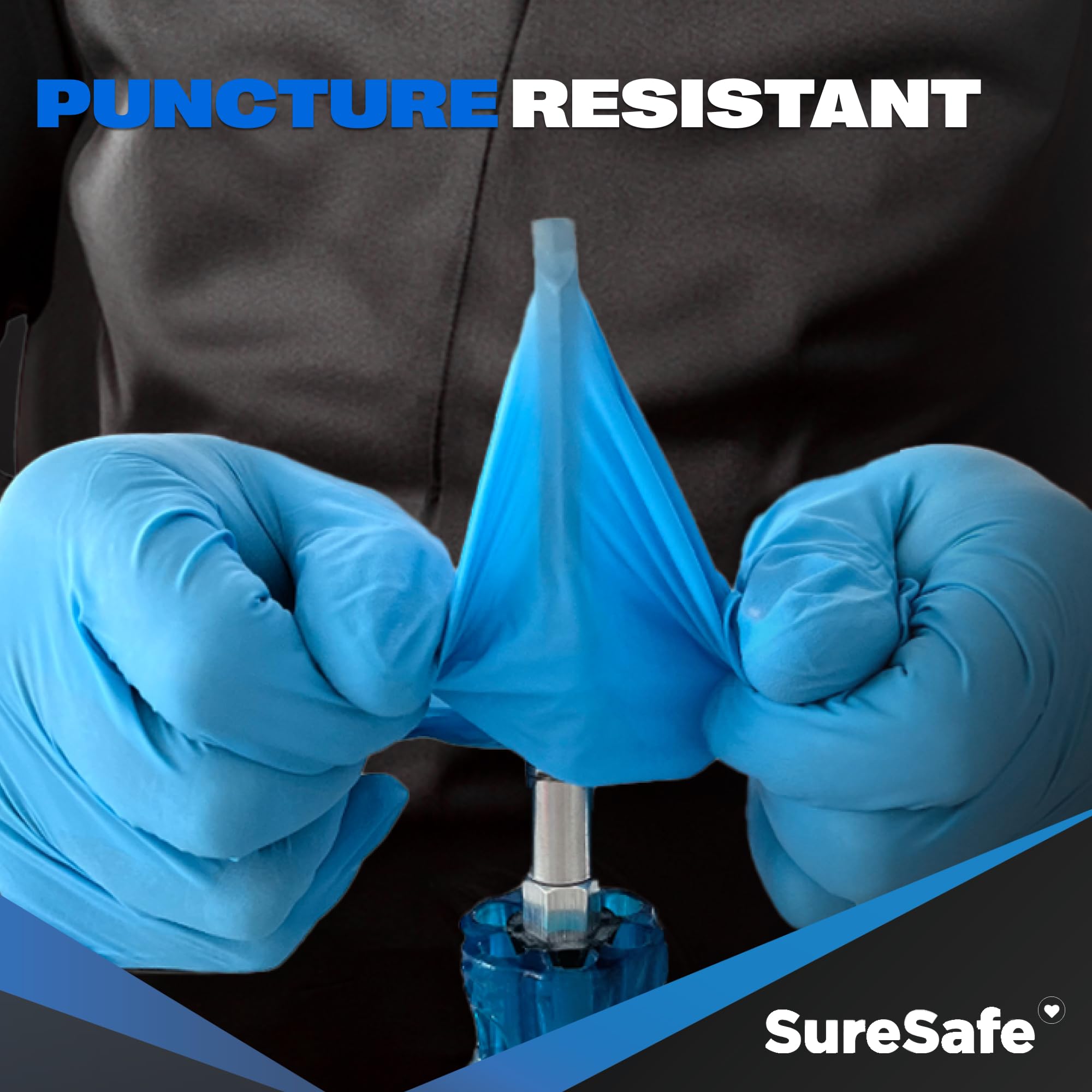[100 Pack] SURESAFE 5 Mil Large Nitrile Blue Gloves, Puncture Resistant Gloves, Powder & Latex Free, Textured Fingertips, For Food Prep, Dishwashing, Mechanics, Tattoo, Work, Cleaning, Butcher
