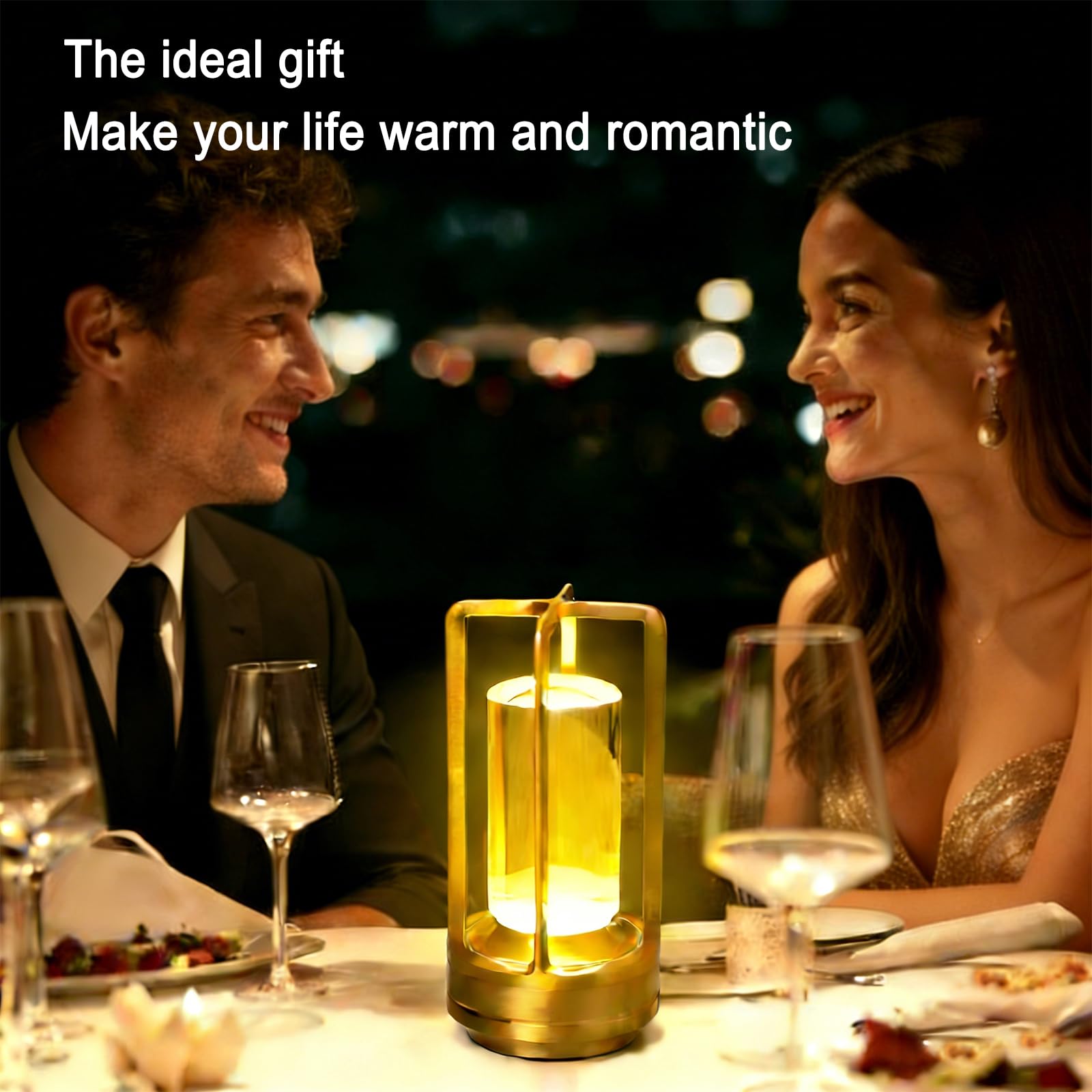 Cordless Table Lamp Rechargeable Portable Metal Touch Small Desk Lamp,Indoor/Outdoor Battery Operated LED Night Light,3Color Stepless Dimming Crystal Lantern Suitable bedrooms,Bars,cafes,Camping,Gold