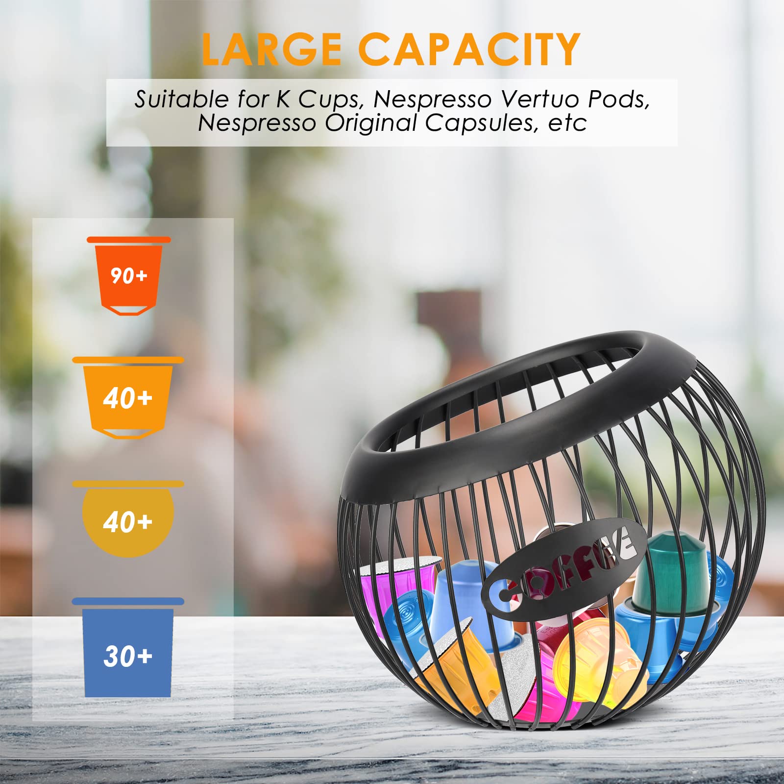 Coffee Pod Holder, Espresso Capsule Organizer, K Cup Holder Storage Basket for Home Office Coffee Counter, Black