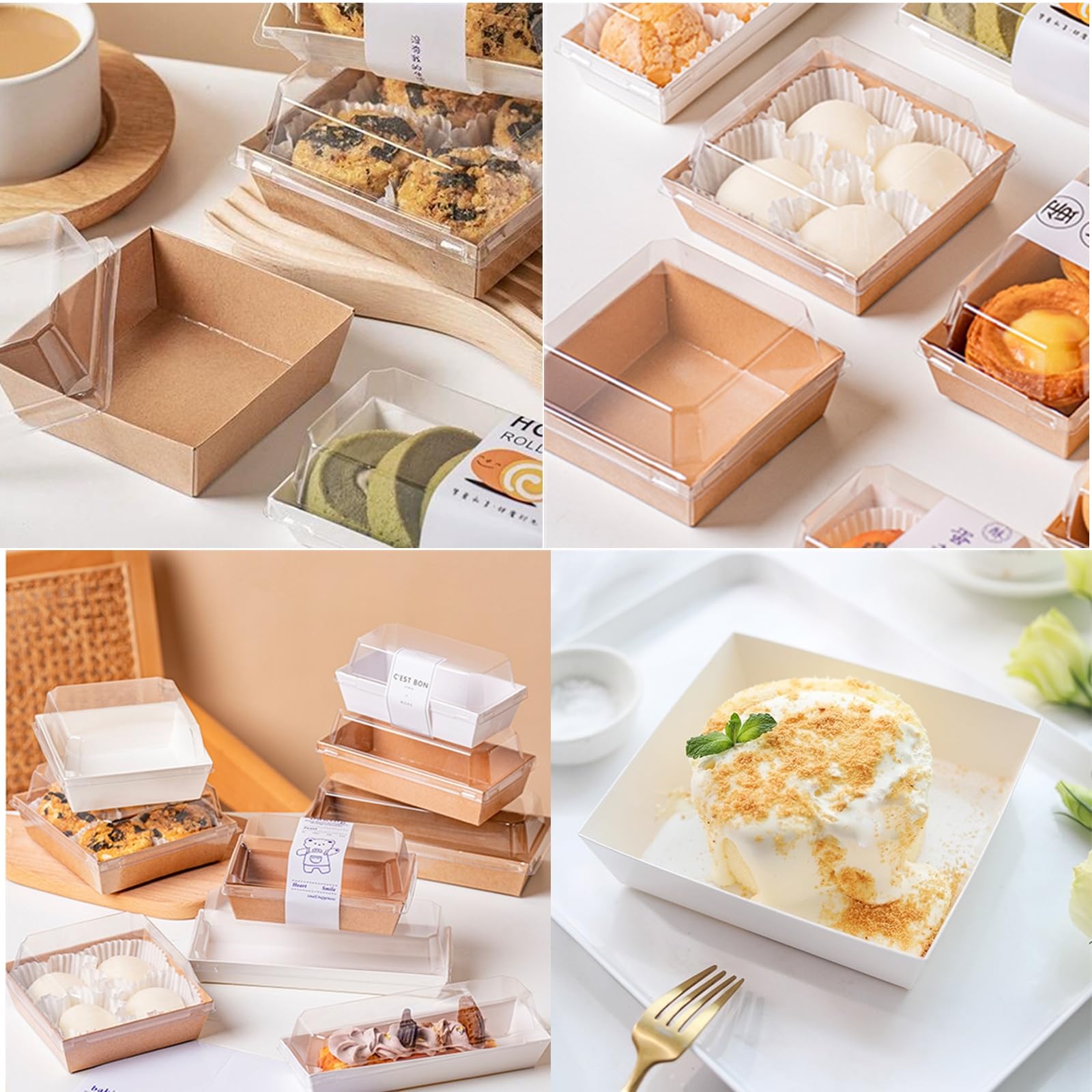 Zentriqlla 100 Pack Charcuterie Boxes with Clear Lids, Disposable Bakery Dessert Containers, To Go Treat Boxes with Twine & Stickers for Sandwich, Snacks, Cakes, Weddings, Strawberries, 5"x5"x2.6"