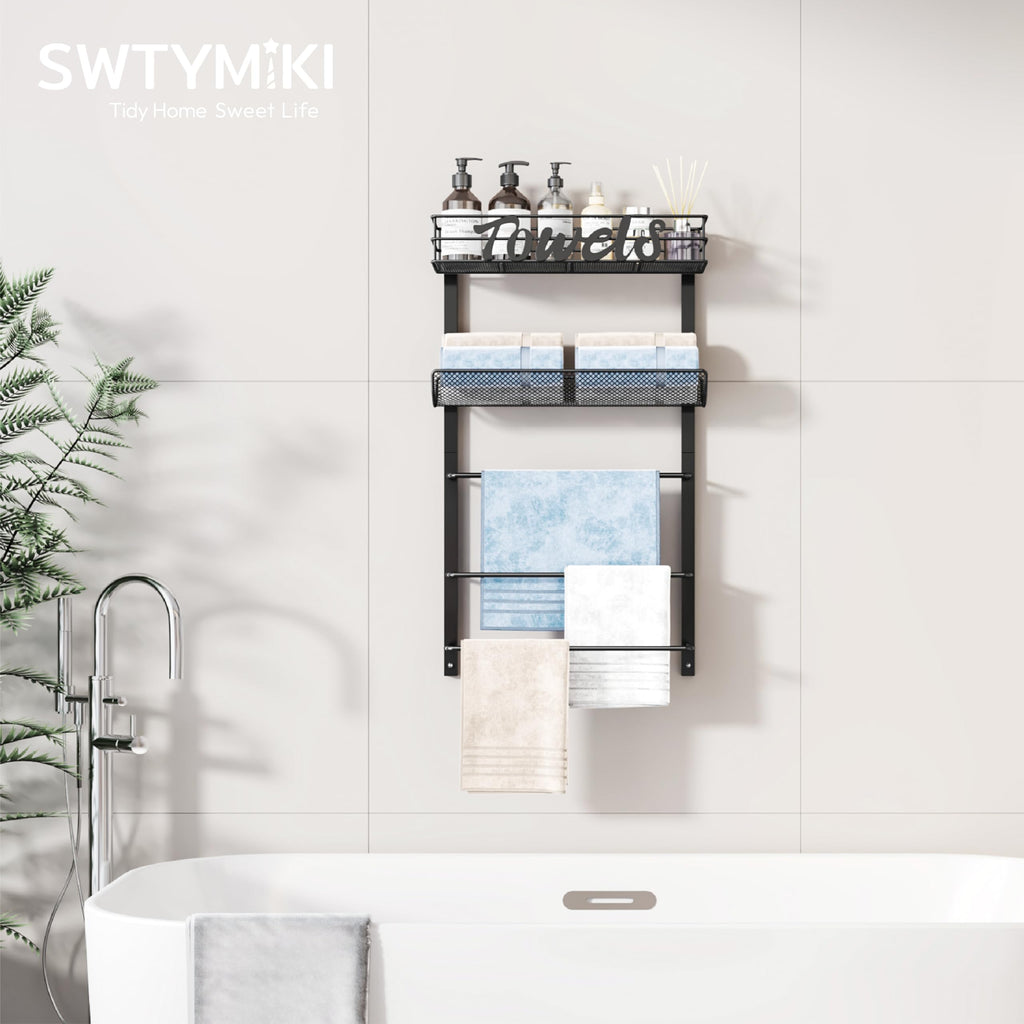SWTYMIKI Towel Rack for Bathroom - 5 Tier Over Door The Towel Rack Wall Mounted with Metal Shelf, Over Door Towel Holder, Space-Saving Bathroom Storage, Multi-Functional Bathroom Accessories, Black