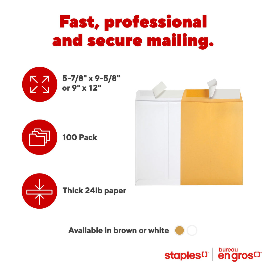 Staples Kraft Catalogue Envelopes with QuickStrip Closure - 5-7/8" x 9-5/8" - White - 100 Pack