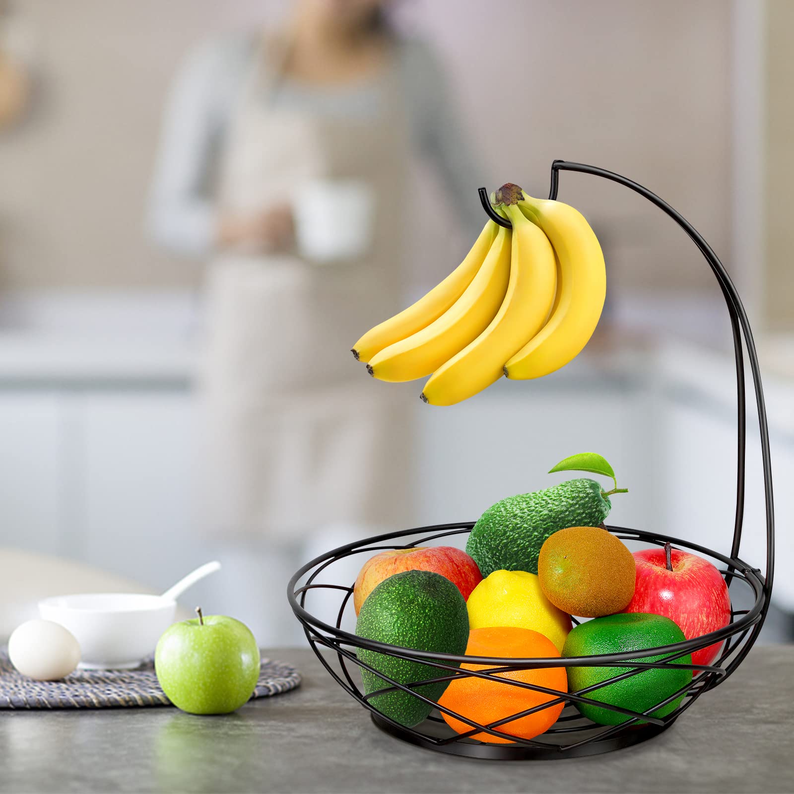 Fruit Bowl with Banana Hanger - Fruit Basket for Kitchen Counter with Holder - Black Chrome