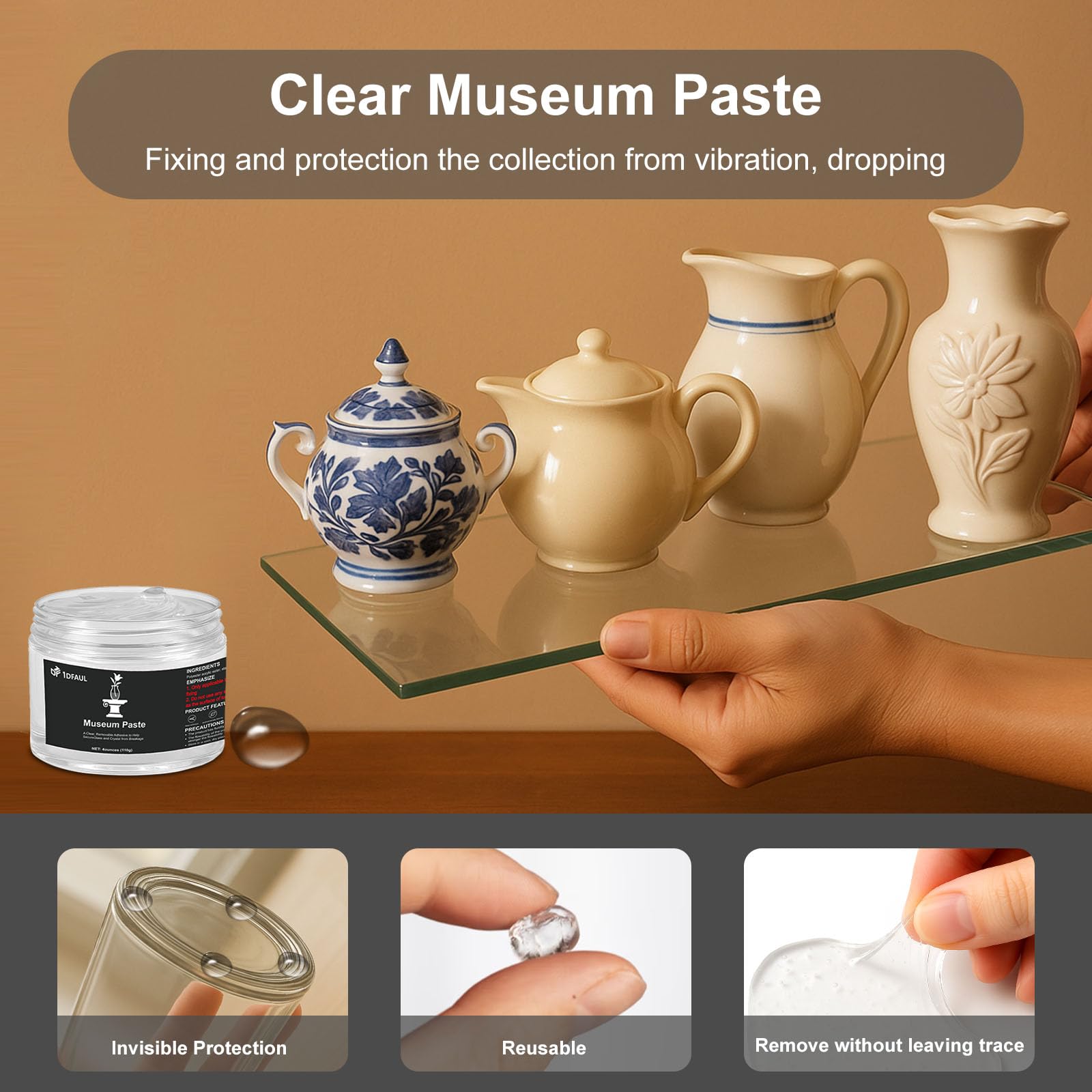 1DFAUL 110g Exhibits Gel for Museum, Removable Clear Museum Paste Putty Wax, Reusable & No Residue, Fixed Collection Artifacts and Decorations to Prevent Vibration, Falling