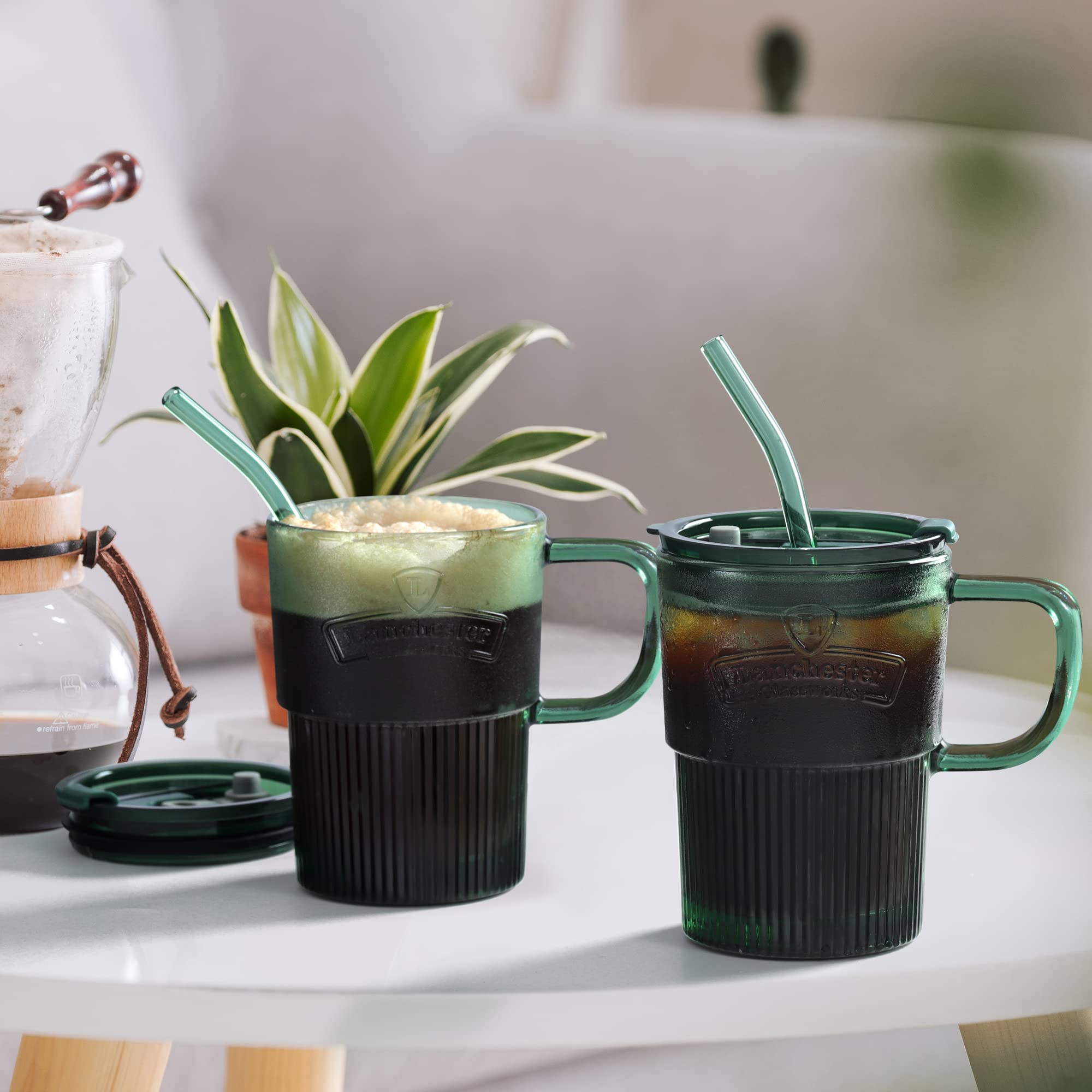 Joeyan Glass Coffee Cup Tumbler with Handle Lid and Straw, Smoothie Iced Coffee Tea Glasses Mug, Green Colored Drinking Jar for Water Juice Beverages Soda Milk, 15oz, Set of 2, Dishwasher Safe