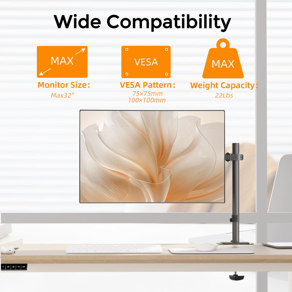 Pholiten Single Monitor Arm,Single Monitor Desk Mount,Adjustable Monitor Mount for 32inch Screen,Holds Up to 22lbs,100x100 Vesa Monitor Stand