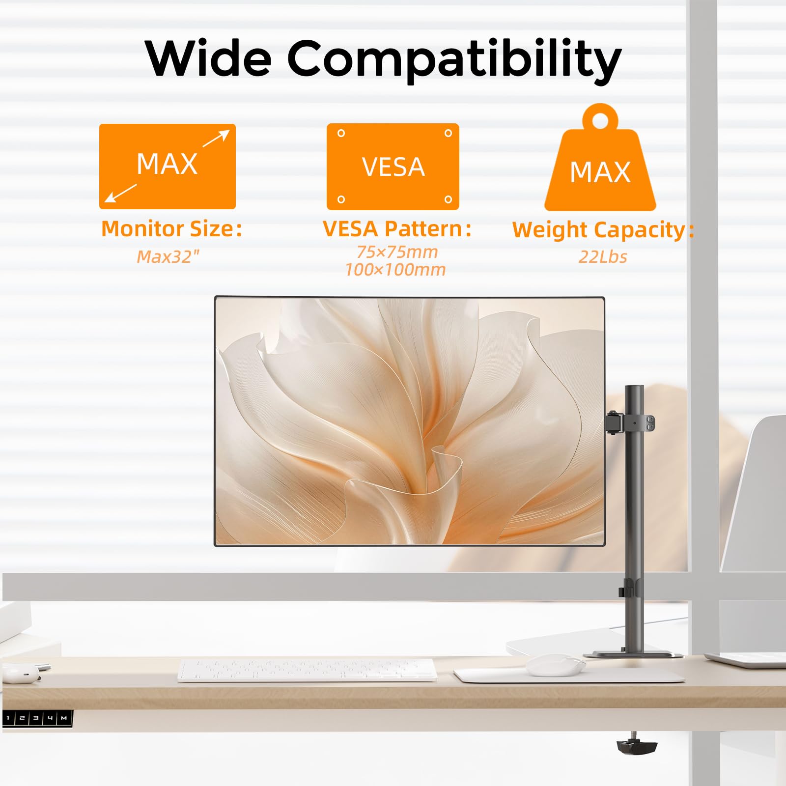 Pholiten Single Monitor Arm,Single Monitor Desk Mount,Adjustable Monitor Mount for 32inch Screen,Holds Up to 22lbs,100x100 Vesa Monitor Stand