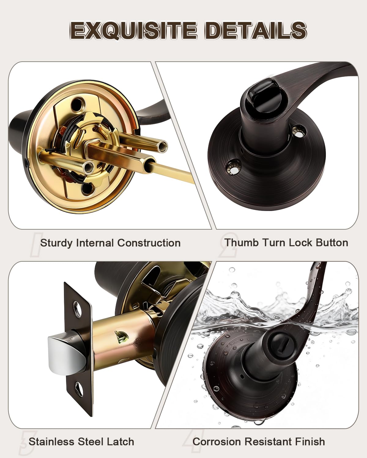 GOBEKOR 1 Pack Oil Rubbed Bronze Privacy Door Lever Wave Style, Keyless Stainless Steel Door Handle Interior Use, Bath/Bed Door Lock (Thumb Turn, No Key),Reversible for Right or Left Side