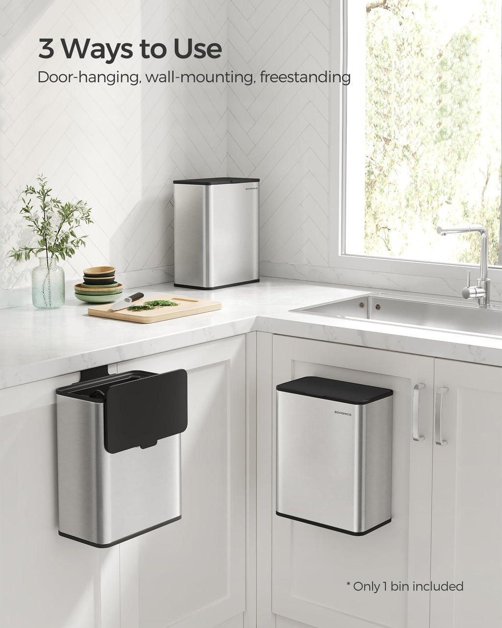 SONGMICS Hanging Trash Can, 2.1-Gallon (8 L) Kitchen Garbage Can with Lid, Cabinet Door Hanging or Wall-Mounted with Hooks, for Under Sink, Bathrooms, Metallic Silver ULTB810E08