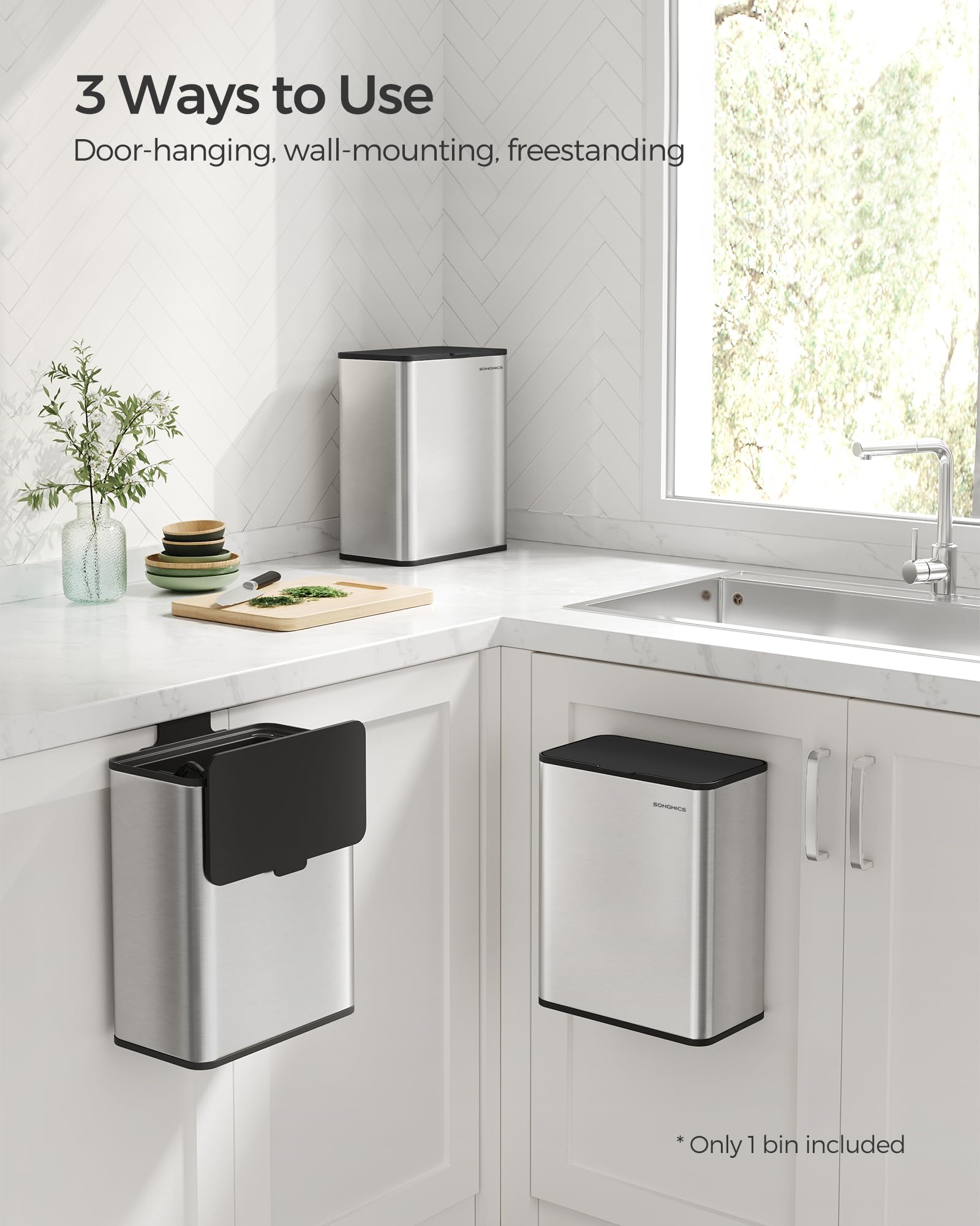 SONGMICS Hanging Trash Can, 2.1-Gallon (8 L) Kitchen Garbage Can with Lid, Cabinet Door Hanging or Wall-Mounted with Hooks, for Under Sink, Bathrooms, Metallic Silver ULTB810E08