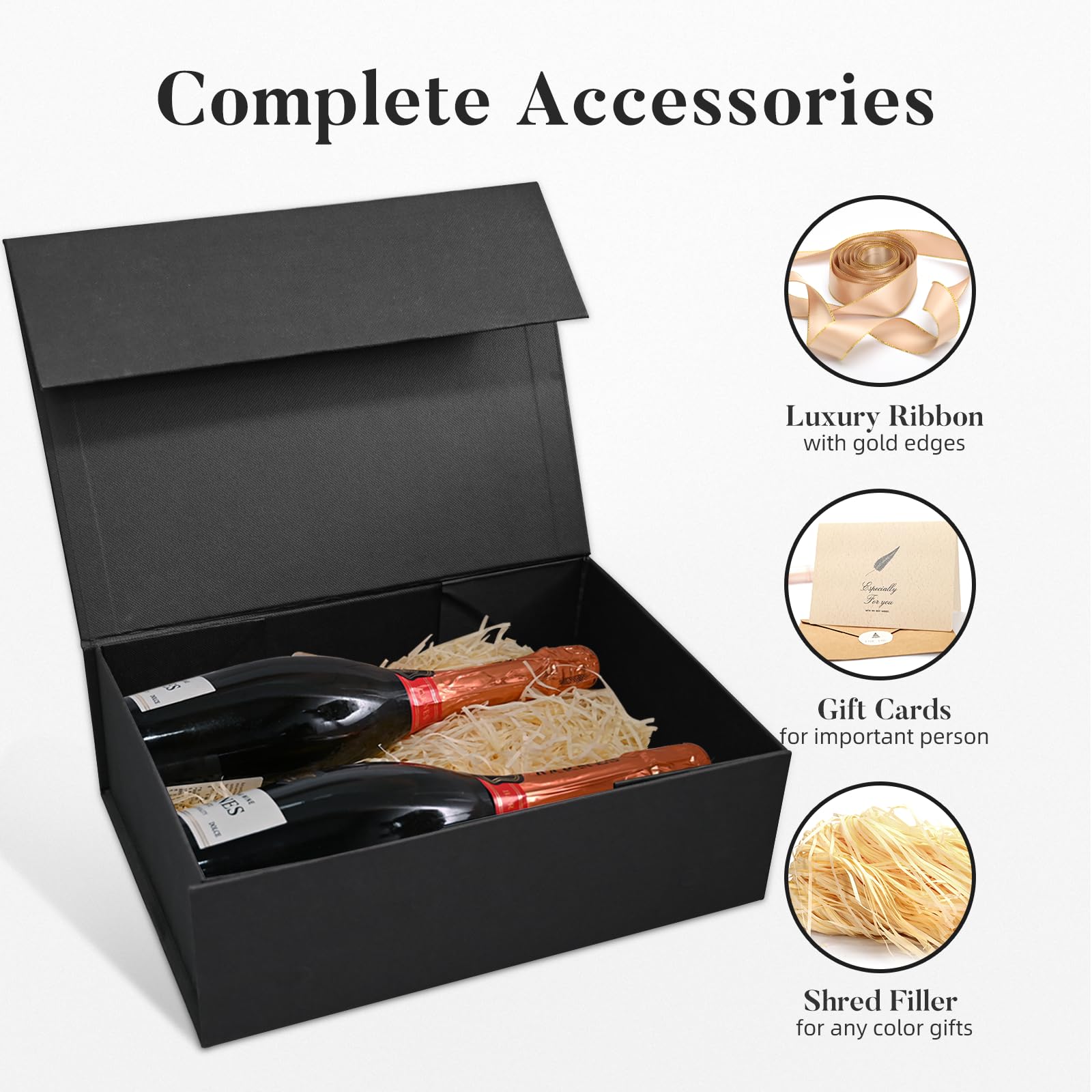 LIFELUM Large Gift Box 13.5 x 10 x 4 inch Black Gift Box with Magnetic Lid Bridesmaid Proposal Gift Boxes for Presents with Lids,Card,Ribbon,Shredded Paper Filler (1 Pcs）
