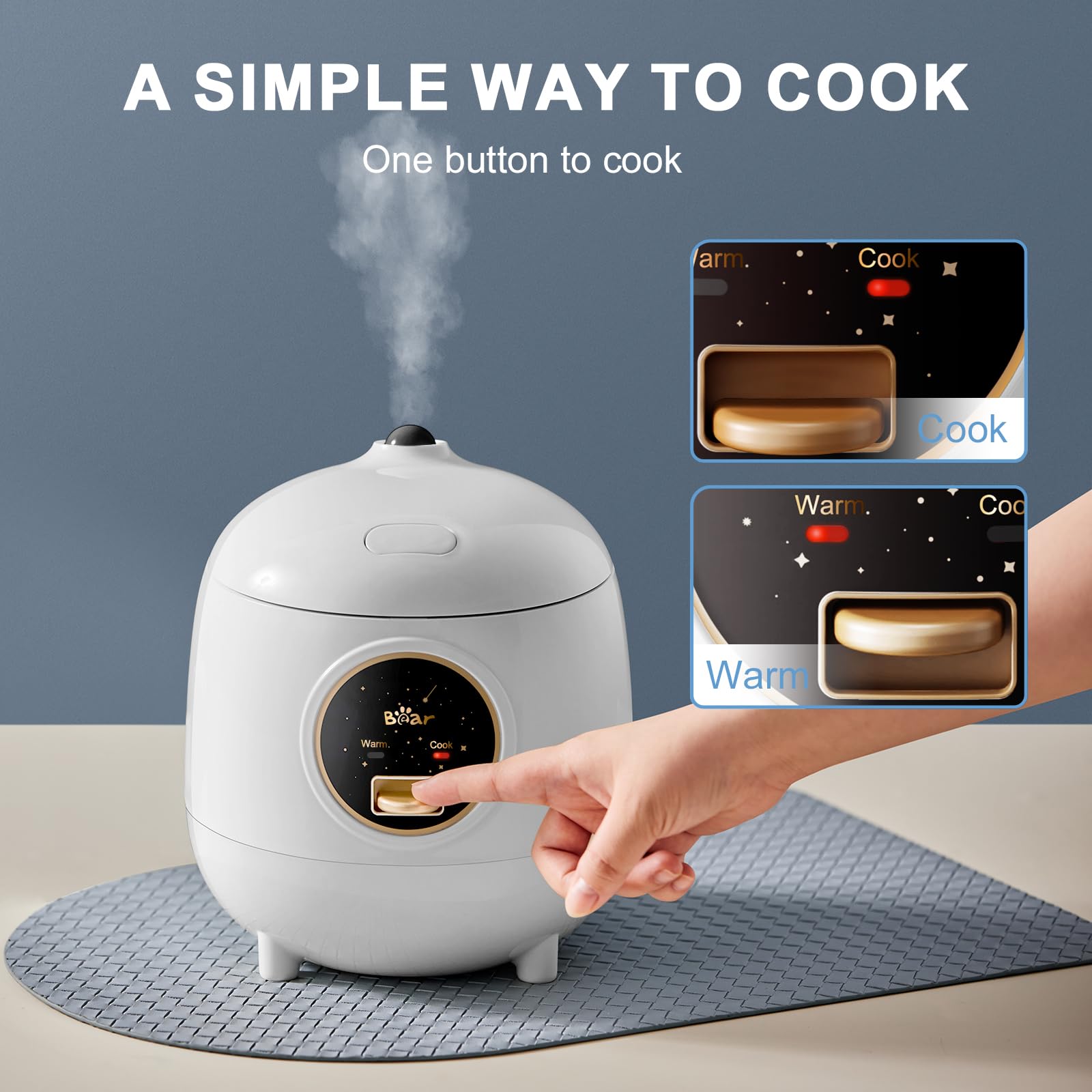 Rice Cooker 2-Cups Uncooked, 1.2L Small Rice Cooker with Non-stick Coating, BPA Free, Portable Mini Rice Cooker, One Button to Cook and Keep Warm Function, White