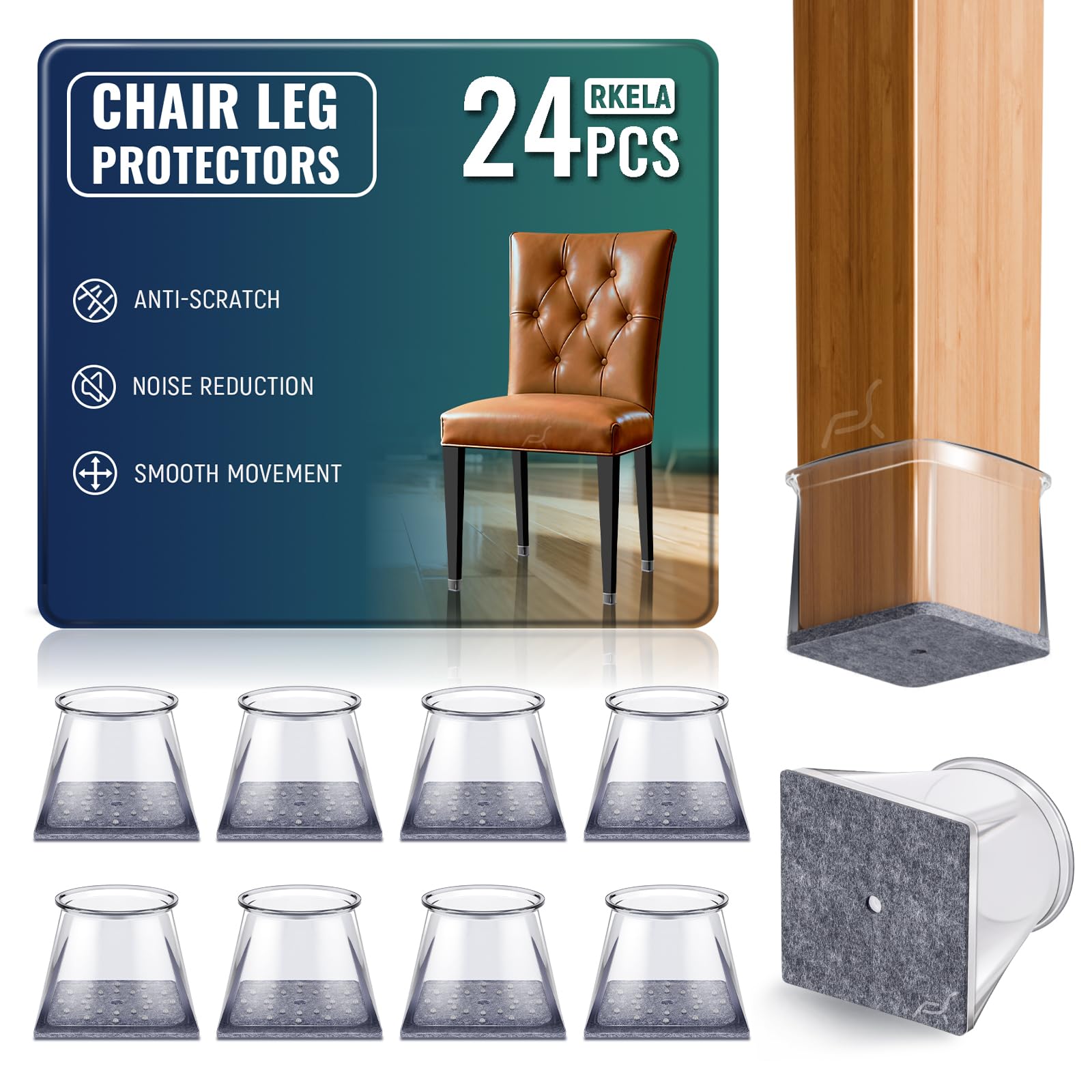 24 PCS Chair Leg Floor Protectors Square, Silicone Chair Leg Covers Furniture Felt Pads for Hardwood Floors, Protect The Floor from Scratches, Reduce Noise(Fit: 1-1/16" to 1-5/16"