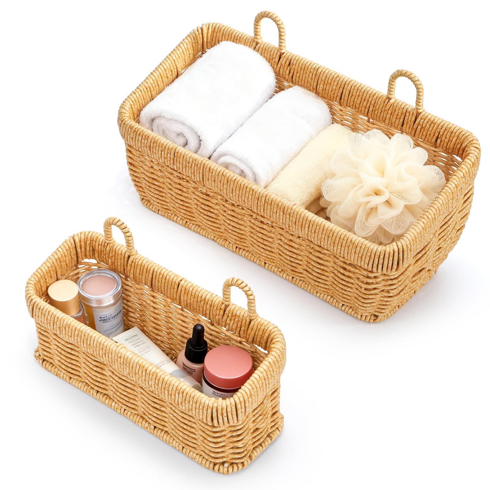 ZEAYEA Set of 2 Wall Hanging Basket, Small Hand-Woven Hanging Organizer Basket for Onion Garlic, Boho Plastic Fruit Storage Baskets with Hanger for Kitchen Bathroom Laundry Living Room Home Decor