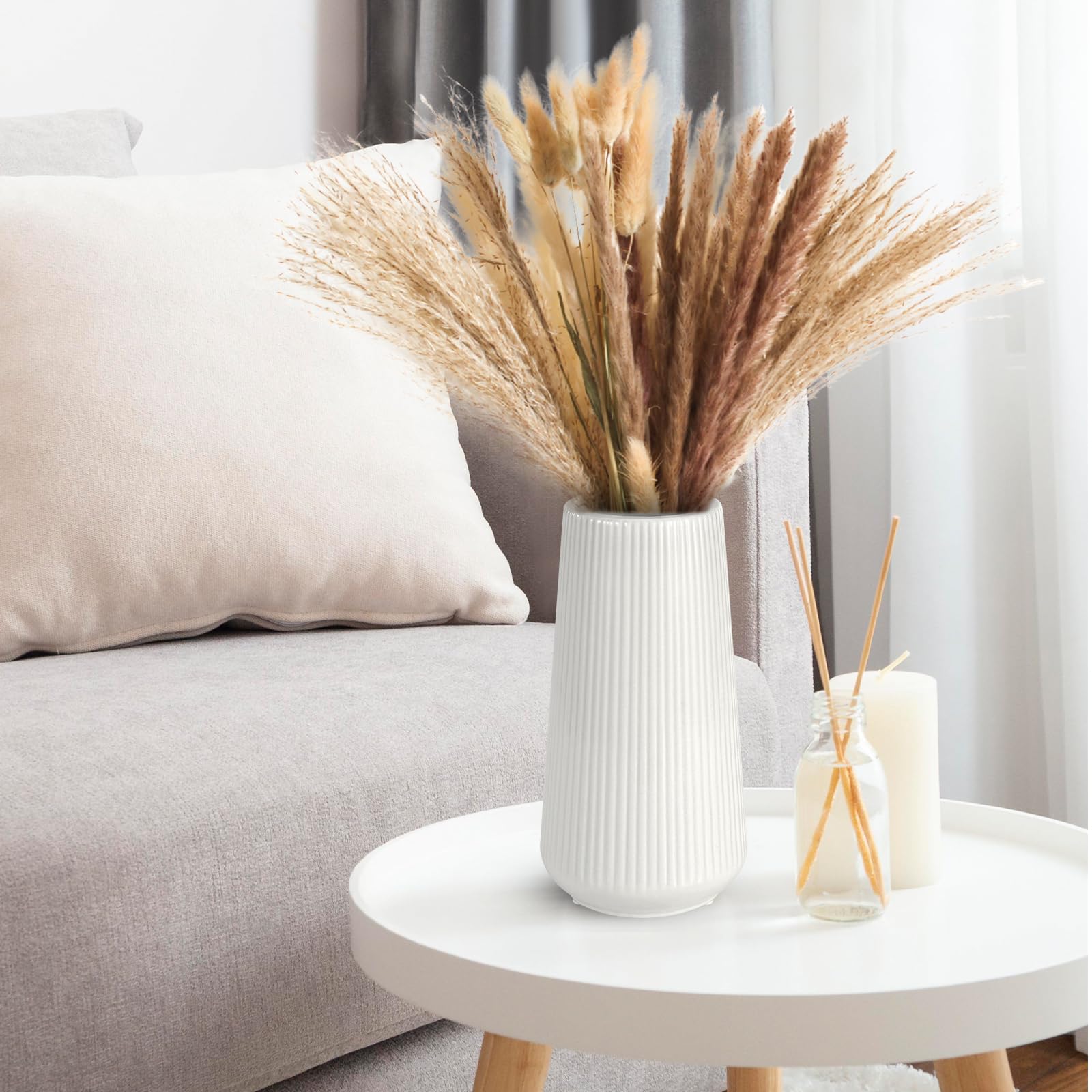 White Ceramic Vase, GUKJOB Flower Vase Ceramic Vase for Flowers, Decorative White Vase for Pampas Grass, Small Vase for Home Living Room Dining Table Farmhouse Office Decor (White)