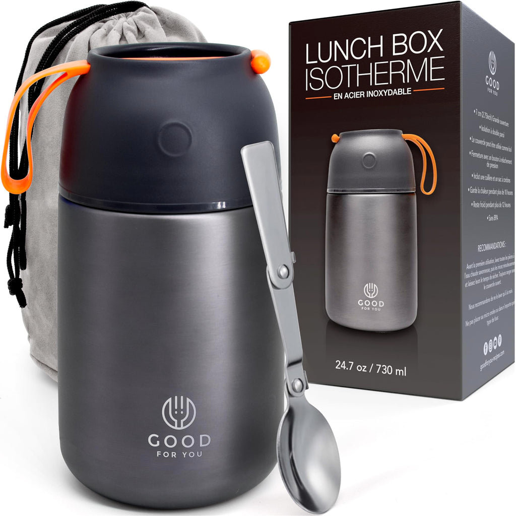 Insulated Food Flask - 730ml Stainless Steel Jar for Hot and Cold Meals – Double-Wall Insulation, Thermal Food Container for School, Office, Travel, Camping - Foldable Spoon, Bag - Grey - 24.7 oz
