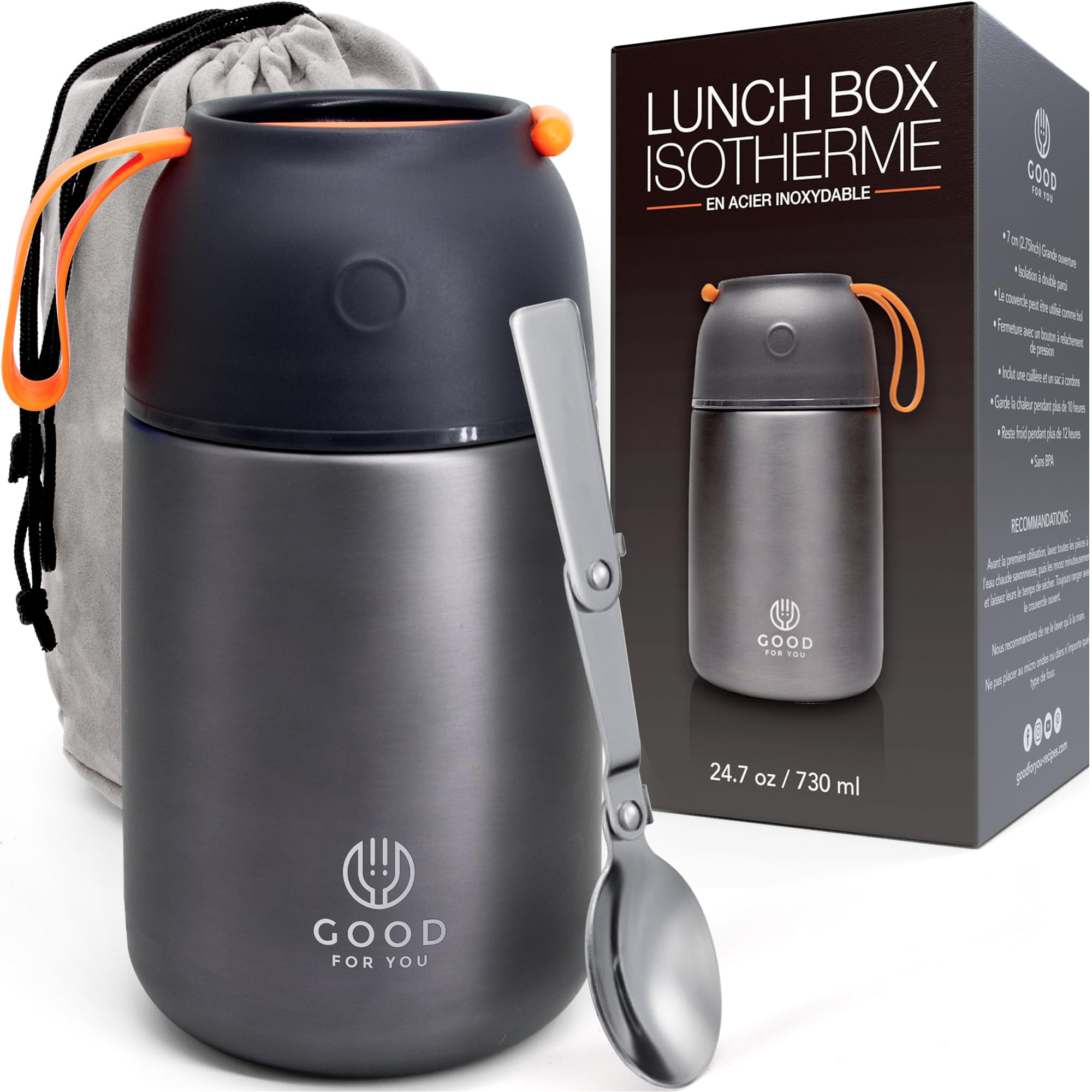 Insulated Food Flask - 730ml Stainless Steel Jar for Hot and Cold Meals – Double-Wall Insulation, Thermal Food Container for School, Office, Travel, Camping - Foldable Spoon, Bag - Grey - 24.7 oz