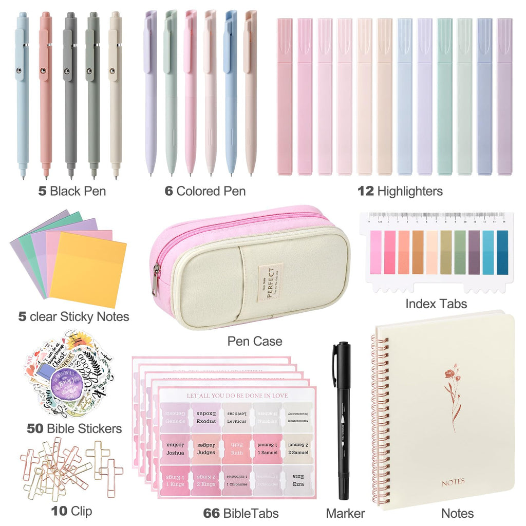 Bible Journaling Study Supplies with Highlighters, Pens, Pencil Case, Notebook, Tabs, Stickers, Cross Paper Clips - Complete Bible Journaling Kit, Christian Gifts for Women, Annotation Kit (Pink)