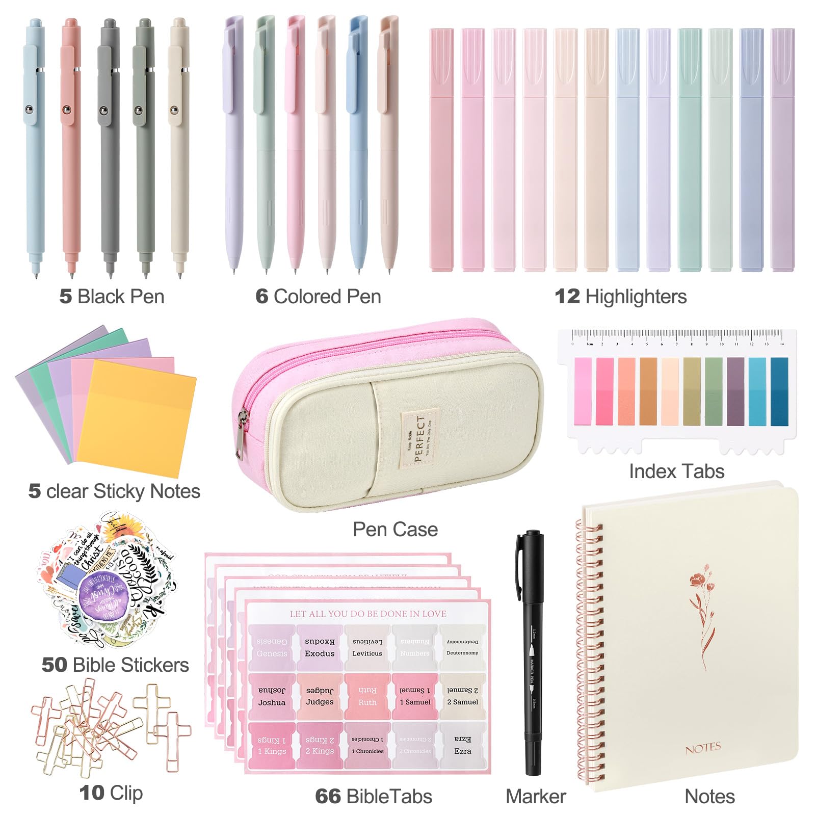 Bible Journaling Study Supplies with Highlighters, Pens, Pencil Case, Notebook, Tabs, Stickers, Cross Paper Clips - Complete Bible Journaling Kit, Christian Gifts for Women, Annotation Kit (Pink)