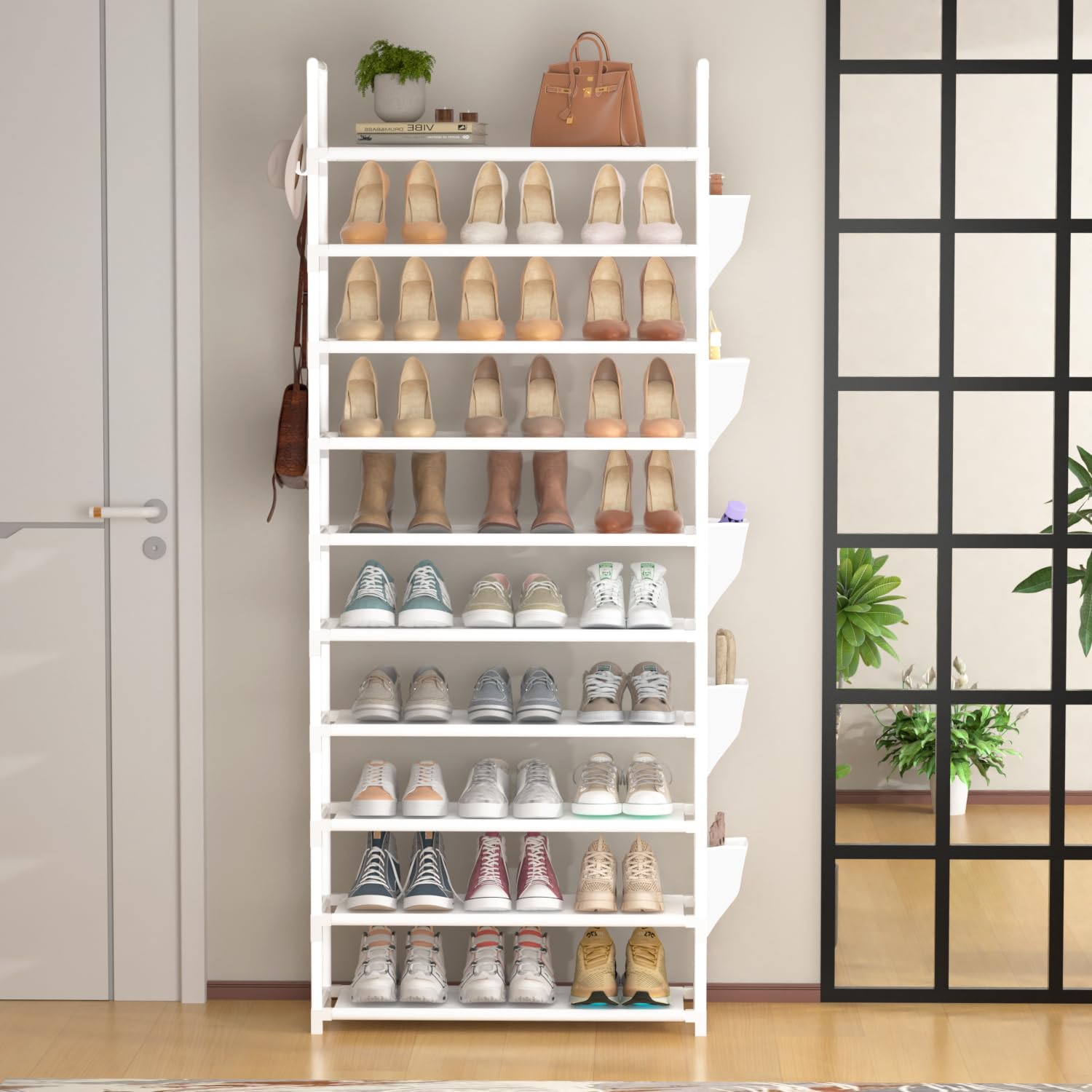 Tall Shoe Rack 10 Tier Shoe Racks Organizer for Closet 30-35 Pairs,Large Capacity Storage Rack for Shoes with 5 Hooks and Side Pocket,Sturdy Metal Shoe Shelf, Vertical Shoe Stand Tower