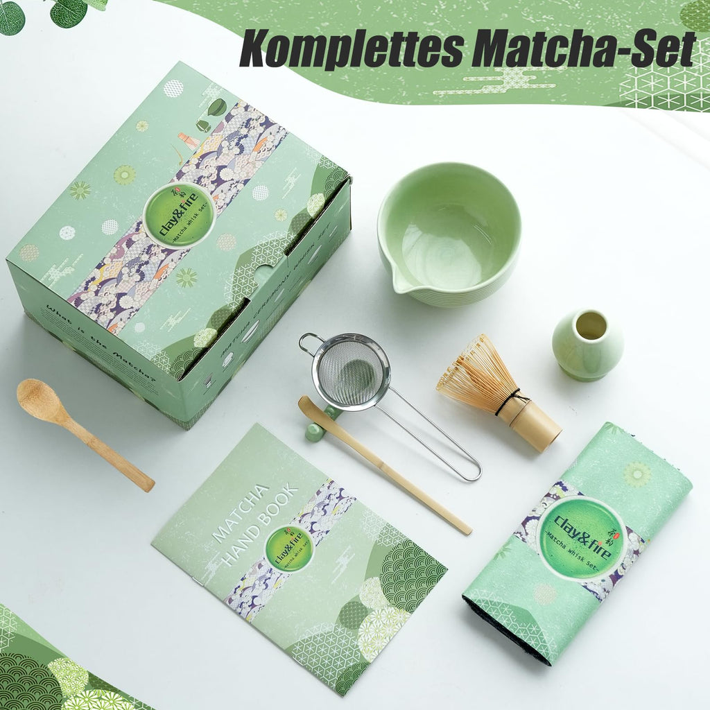 Clay&Fire Matcha Whisk Set, 9 Pcs Ceramic Matcha Set, Matcha Bowl with Spout and Whisk, Matcha Tea Kit for Matcha Lovers, Ideal Gift for Friend